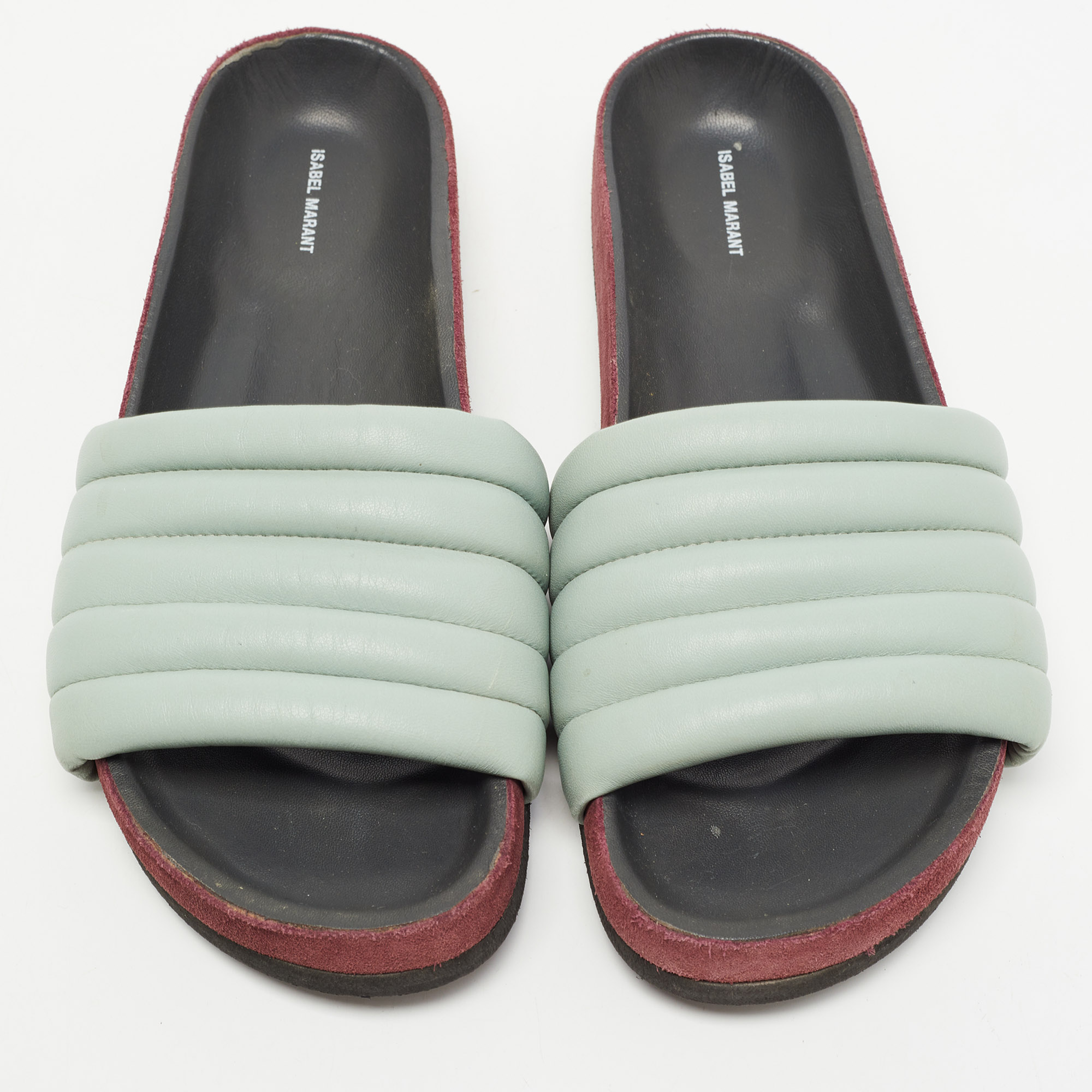 Isabel Marant Mint Green Leather Hellea Slides Size 40