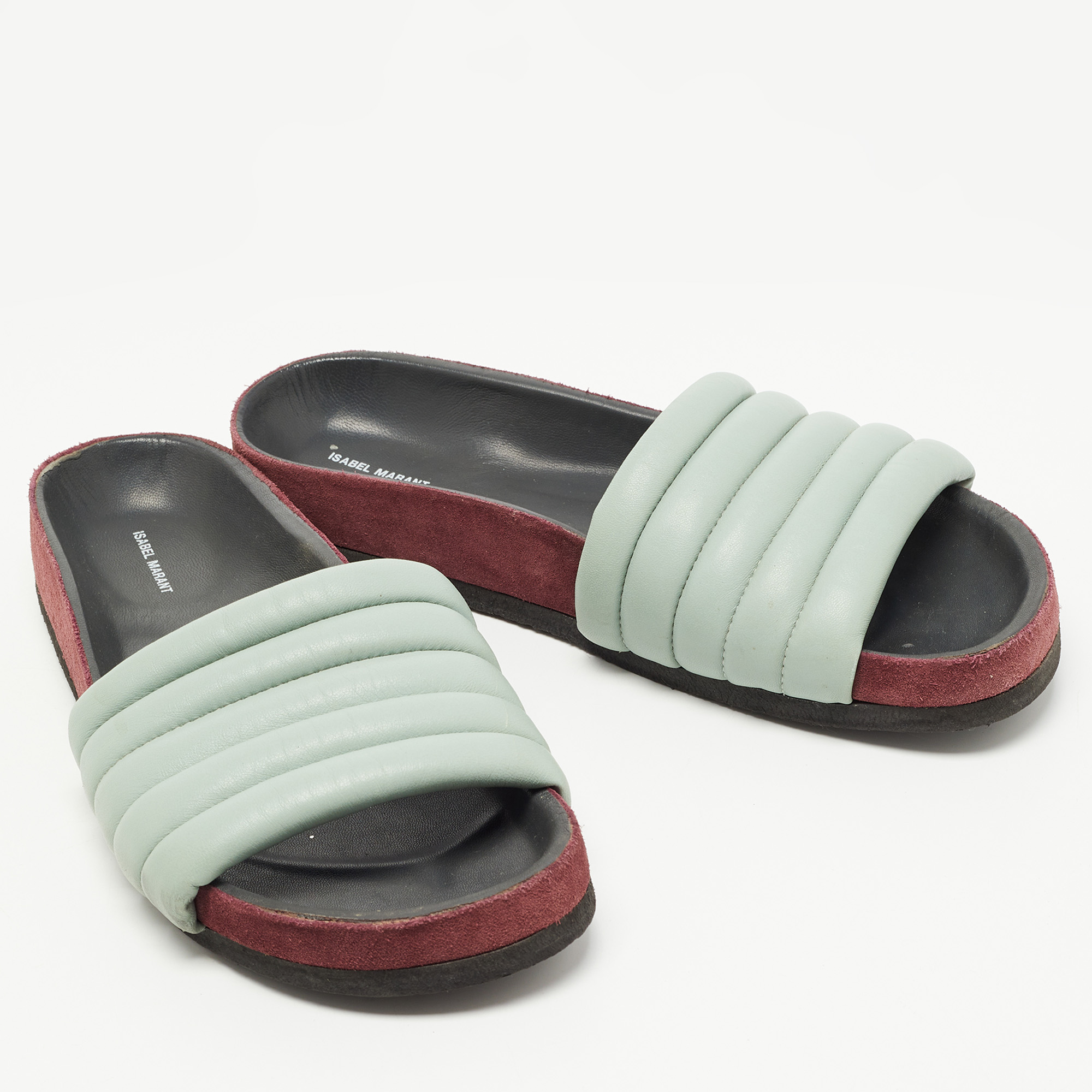 Isabel Marant Mint Green Leather Hellea Slides Size 40