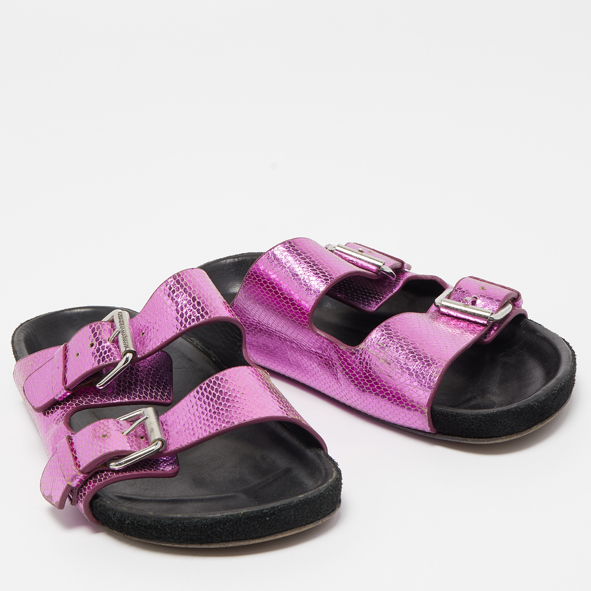 Isabel Marant Purple/Black Snakeskin Embossed Leather Buckle Detail Flat Sandals Size 36