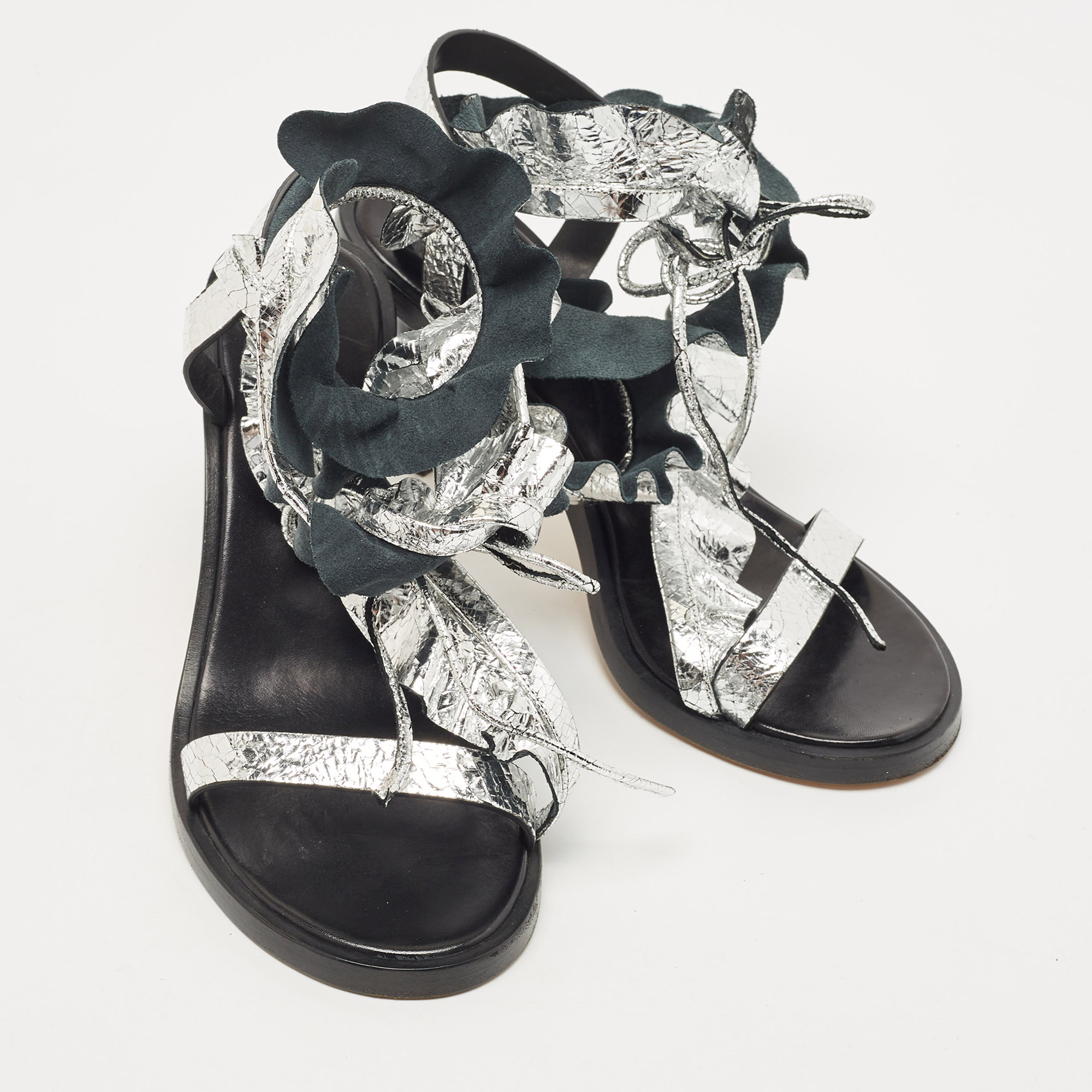 Isabel Marant Silver Texture Leather Aseta Ankle Strap Sandals Size 38