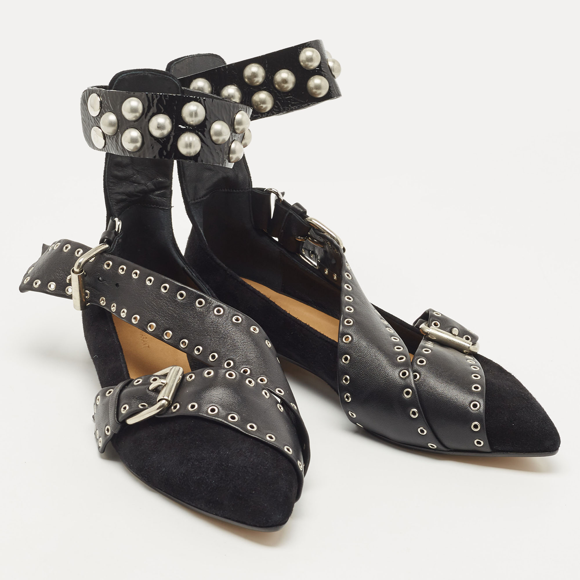 Isabel Marant Black Leather And Velvet Eyelet Ballet Flats Size 38