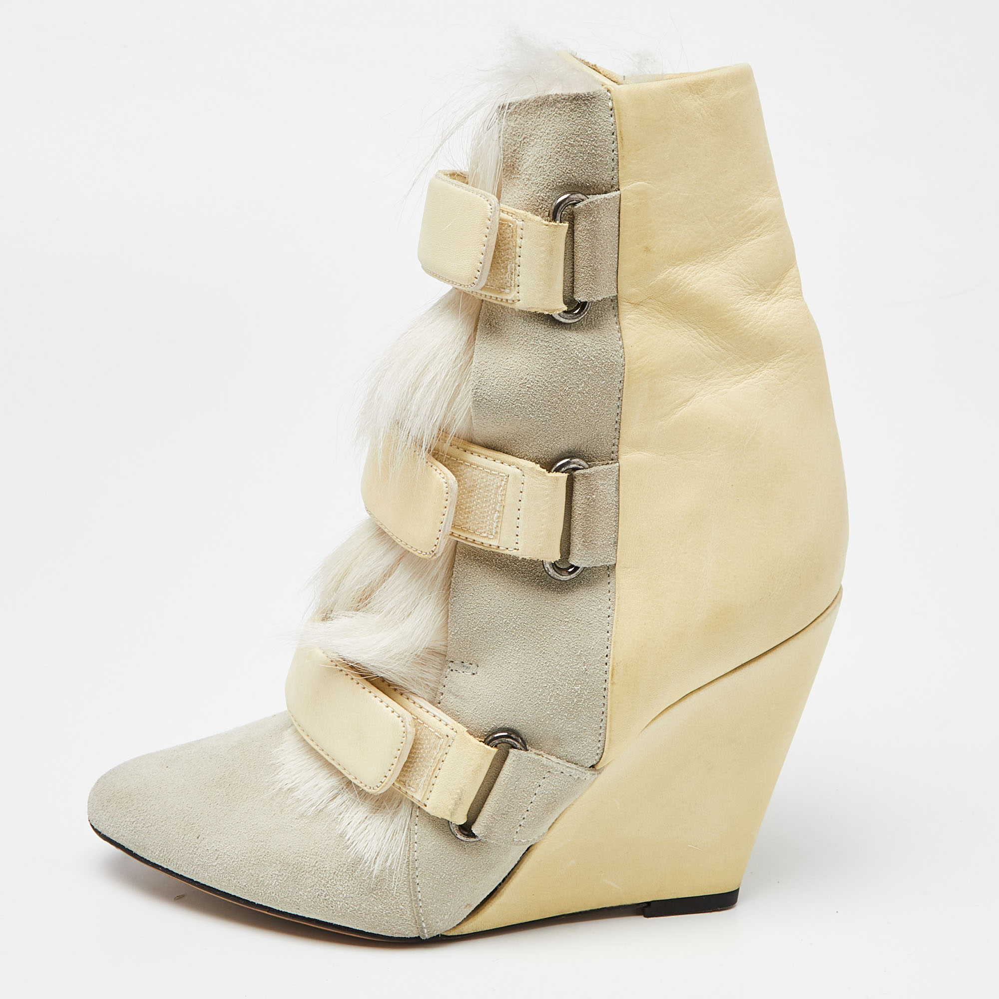 Isabel Marant Tricolor Leather And Calf Hair Pierce Wedge Ankle Boots Size 38