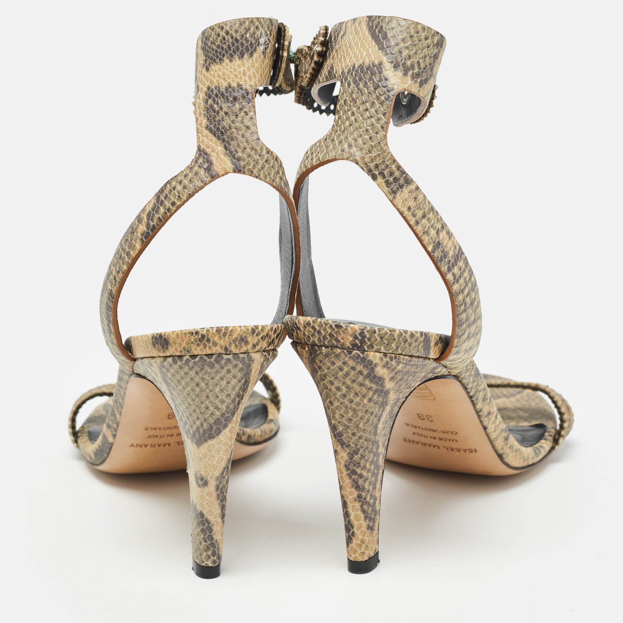 Isabel Marant Green/Beige Snakeskin Embossed Leather Ankle Strap Sandals Size 39