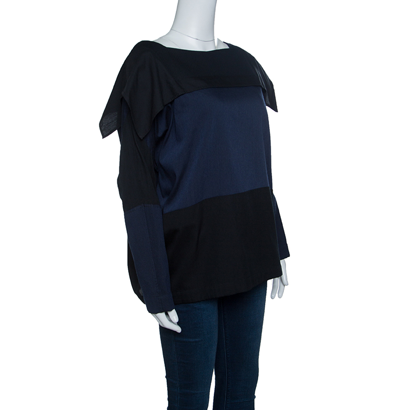 Issey Miyake Bicolor Square Neck Long Sleeve Oversized Fold Wool Top S