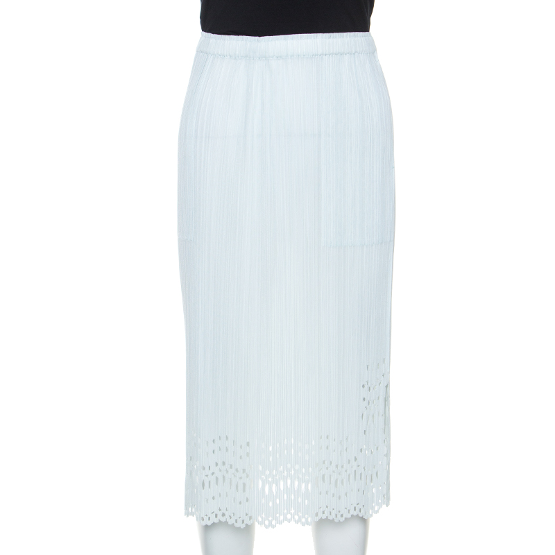 Image of Pleats Please by Issey Miyake Pale Blue Laser Cut Crepe Midi Skirt S