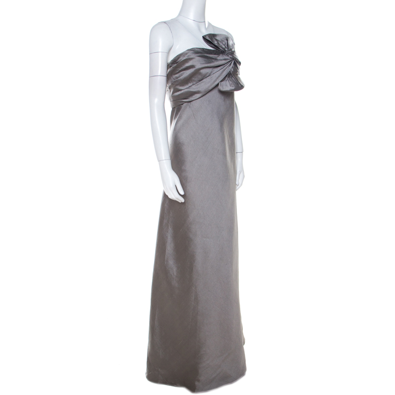 J Mendel Grey Silk Blend Strapless Front Bow Detail Gown L