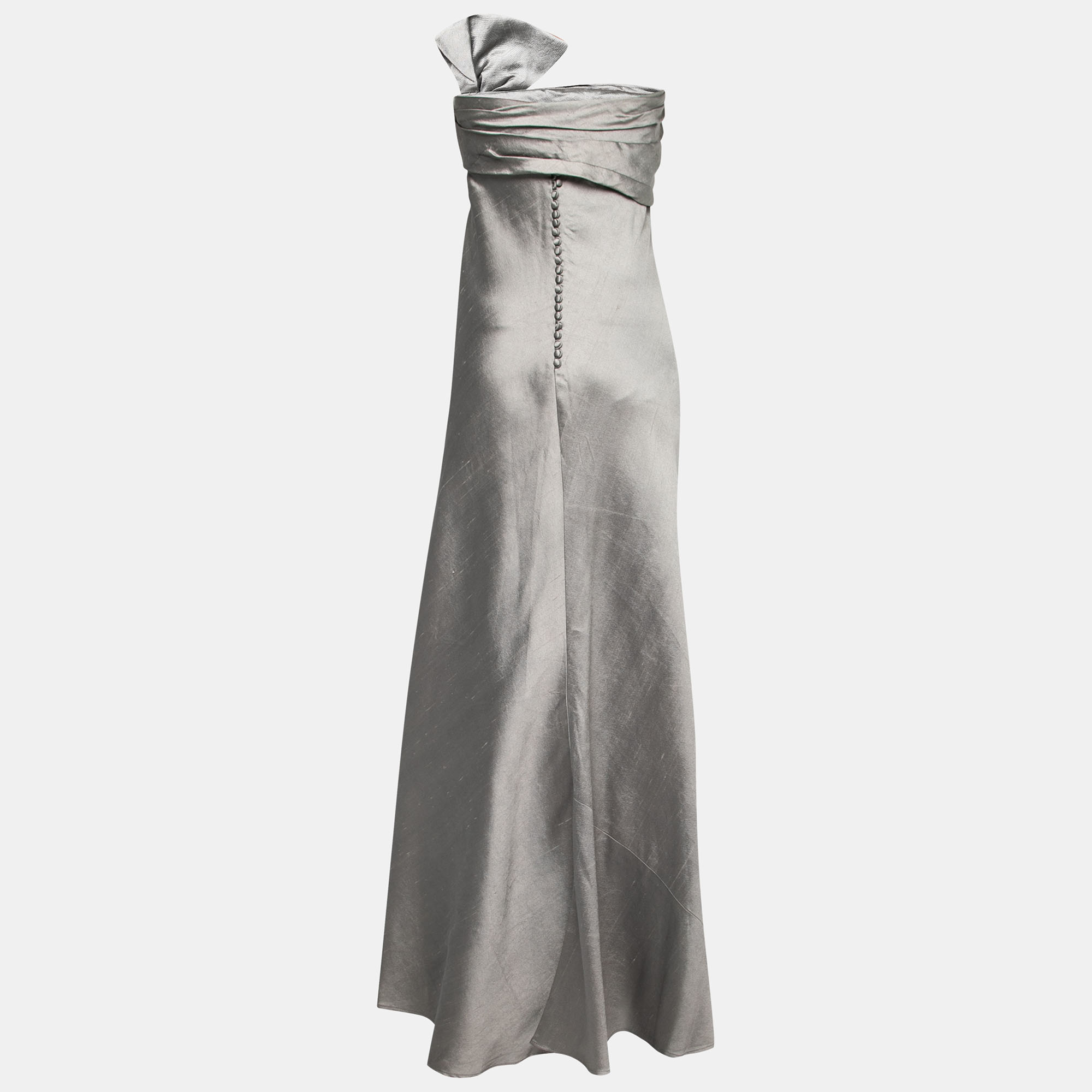 J Mendel Grey Silk Blend Strapless Front Bow Detail Gown L