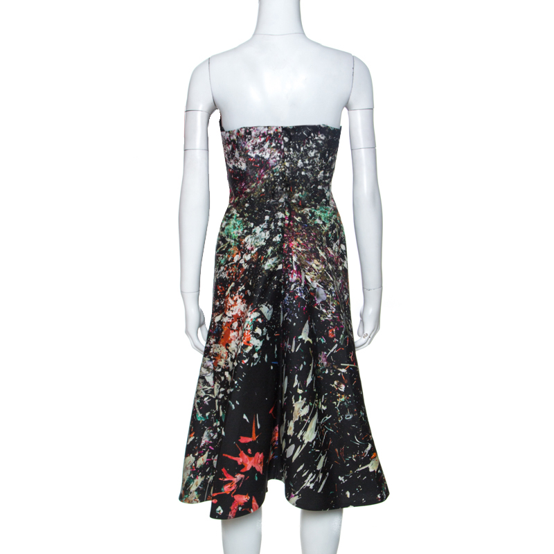 J Mendel Multicolor Printed Crepe Front Pleat Detail Strapless Dress S