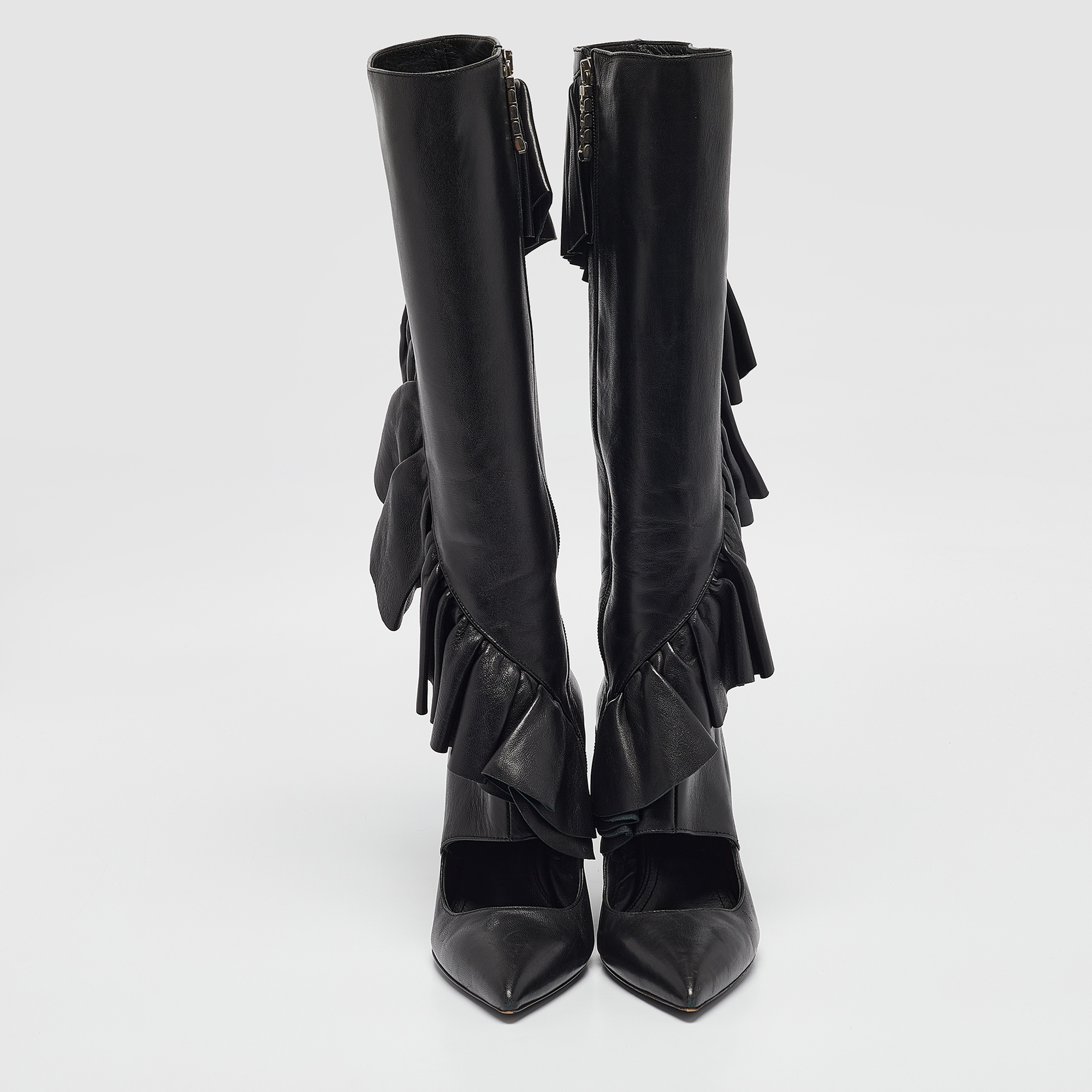 J.W. Anderson Black Leather Ruffle Knee Length Wedge Boots Size 38