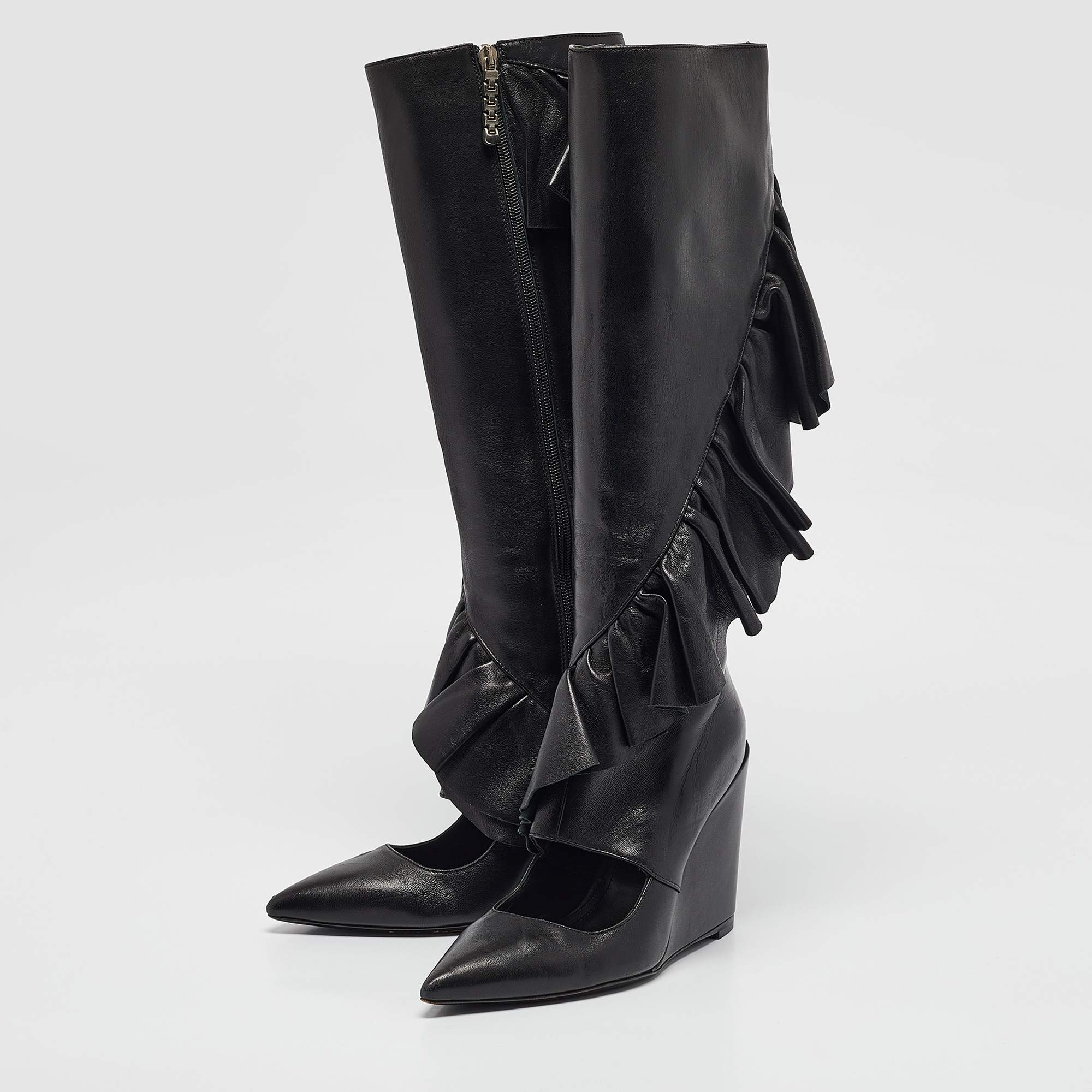 J.W. Anderson Black Leather Ruffle Knee Length Wedge Boots Size 38