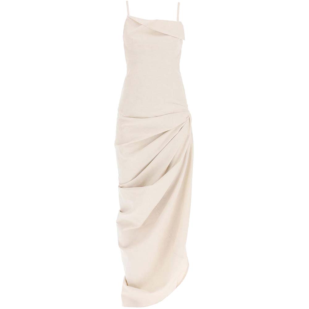 Image of Jacquemus Beige Cotton-Linen Blend Asymmetric Ruched Dress Size FR