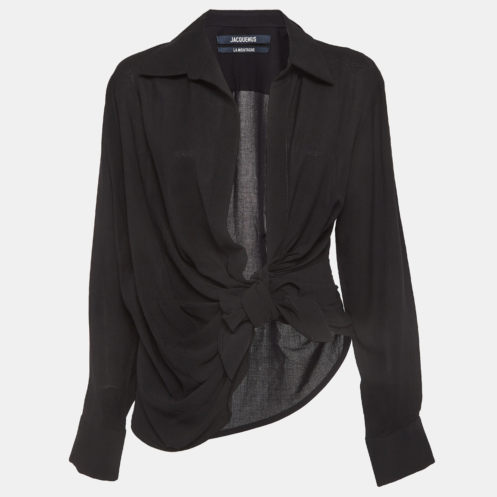 Jacquemus black wool blend draped long sleeve shirt m