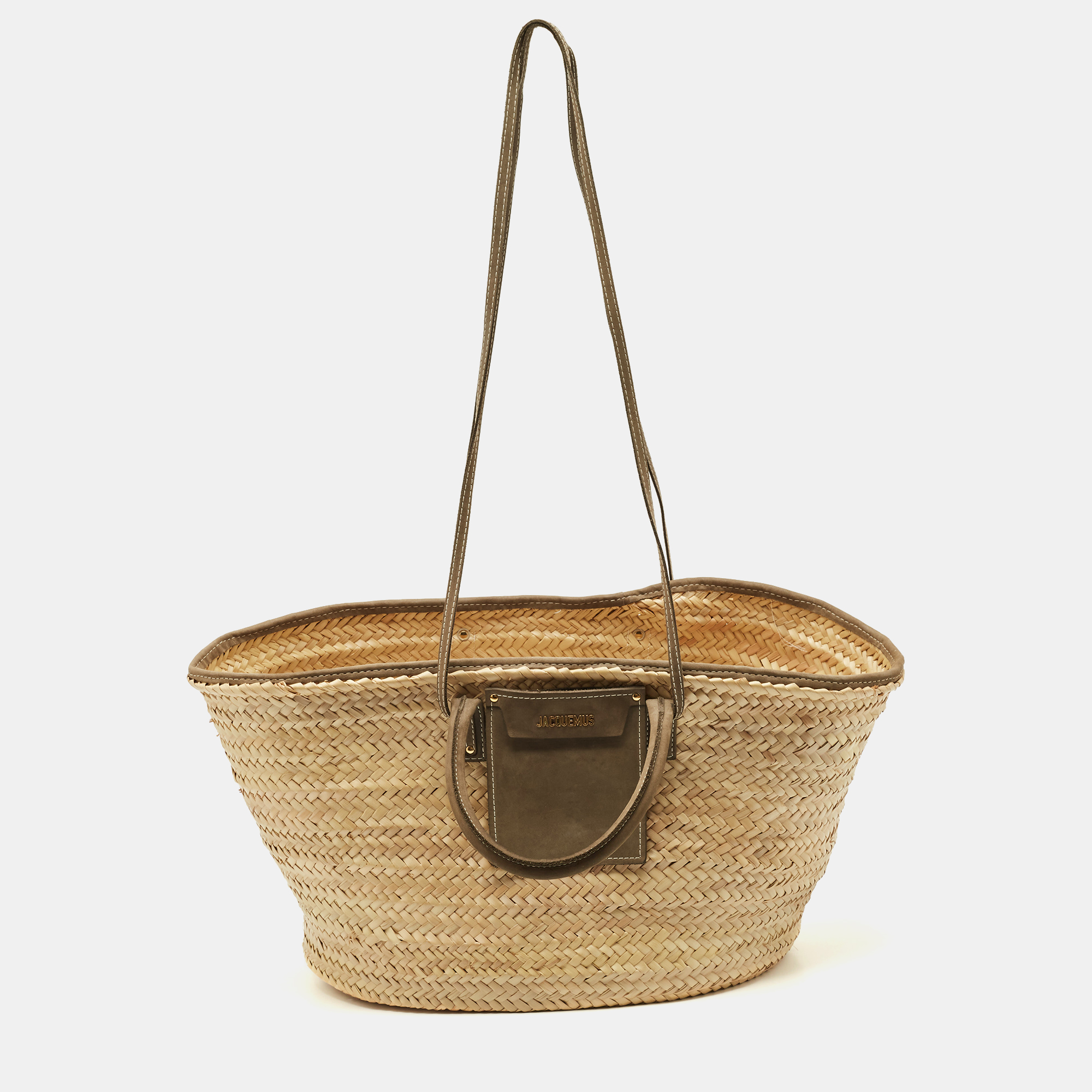 Jacquemus Green/Cream Woven Raffia and Nubuck Leather Le Panier Soleil Tote
Jacquemus Green/Cream Woven Raffia and Nubuck Leather Le Panier Soleil Tote