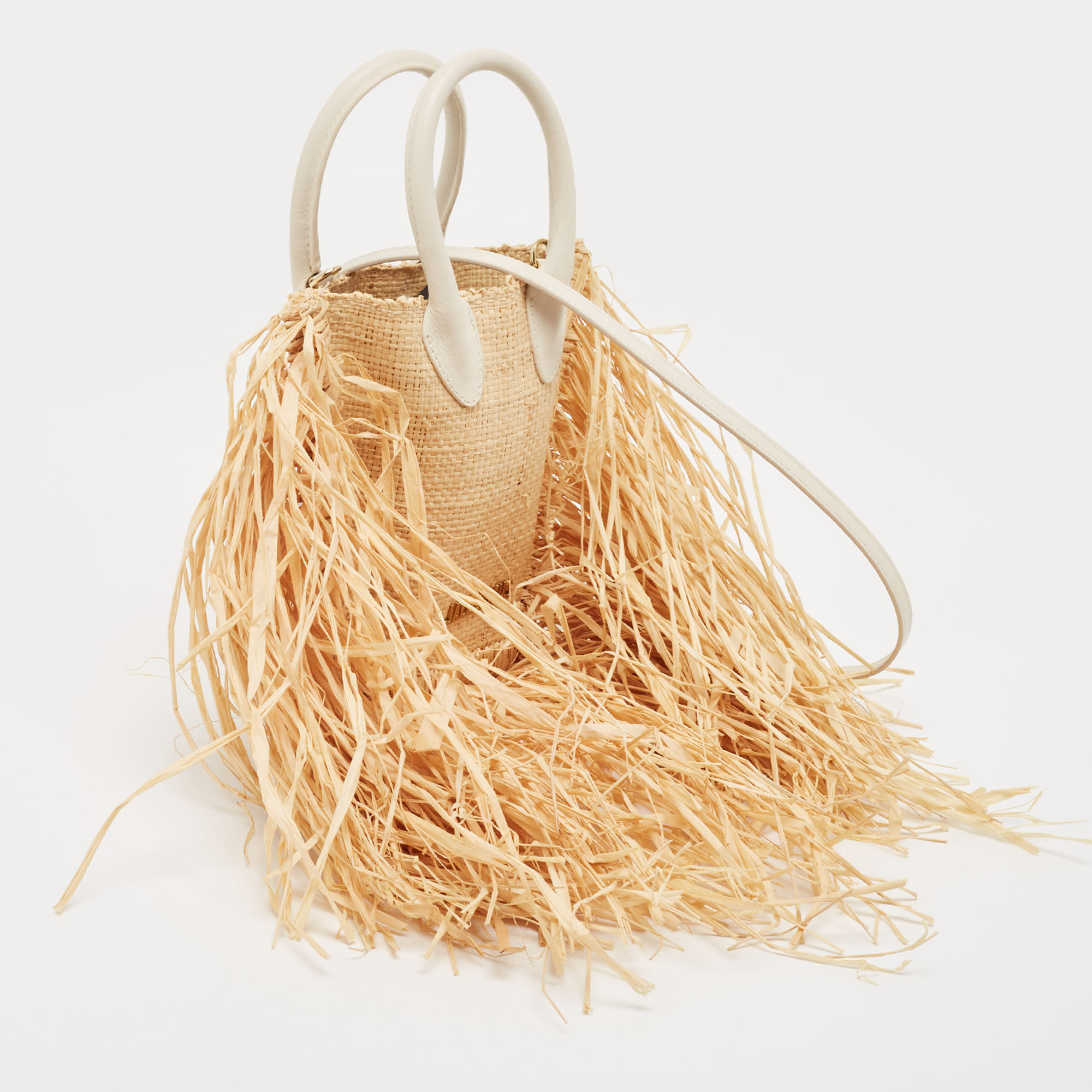 Jacquemus Off White/Natural Straw And Leather Let Petite Baci Tote