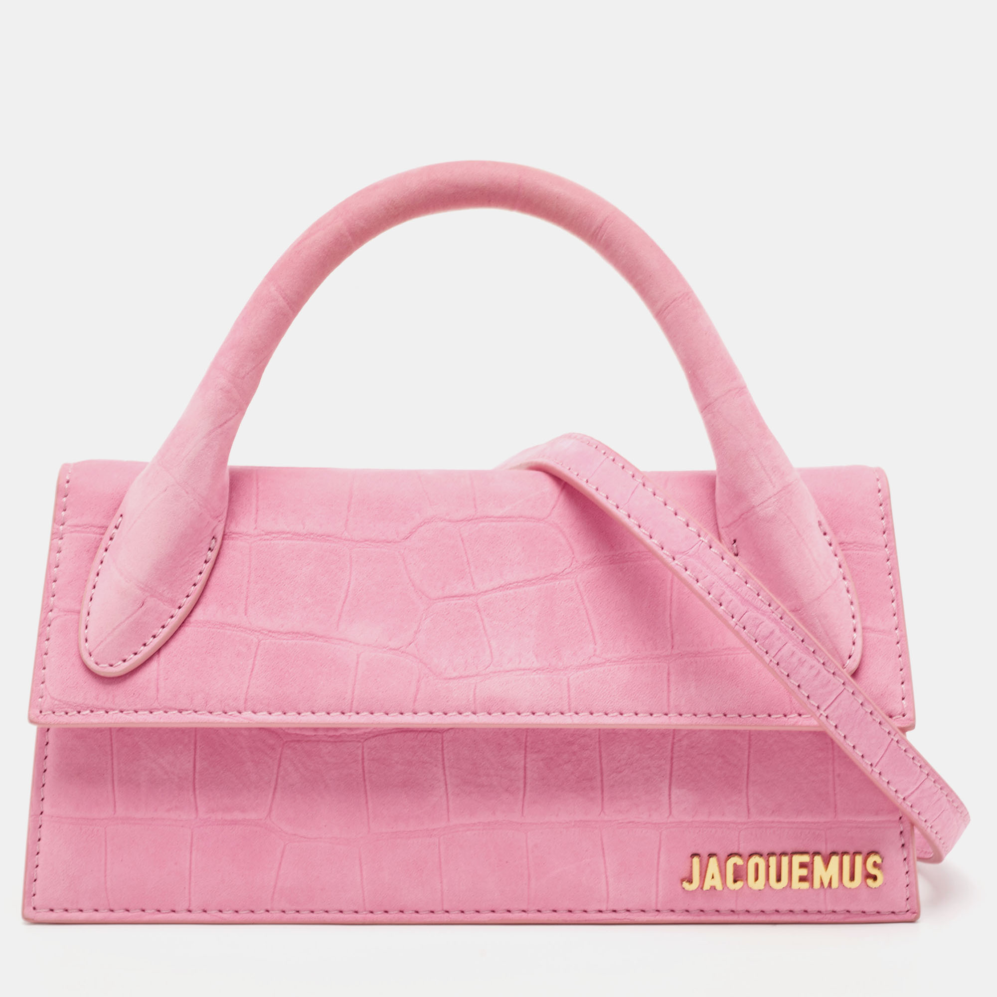 Jacquemus Light Pink Croc Embossed Nubuck Leather Long Le Chiquito Top Handle Bag