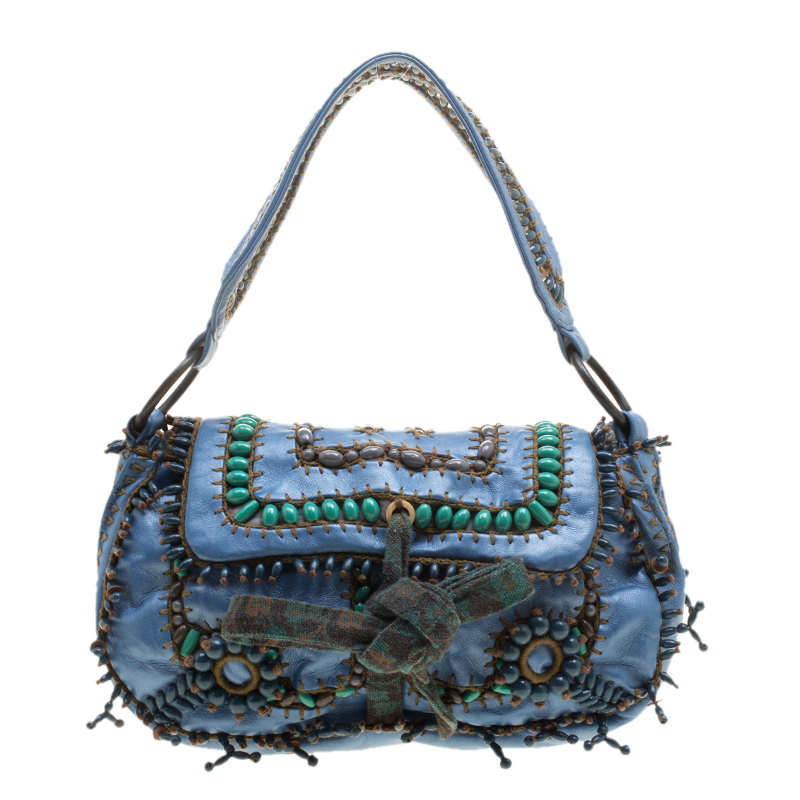 Image of Jamin Puech Blue Leather Bead Embellished Shoulder Bag