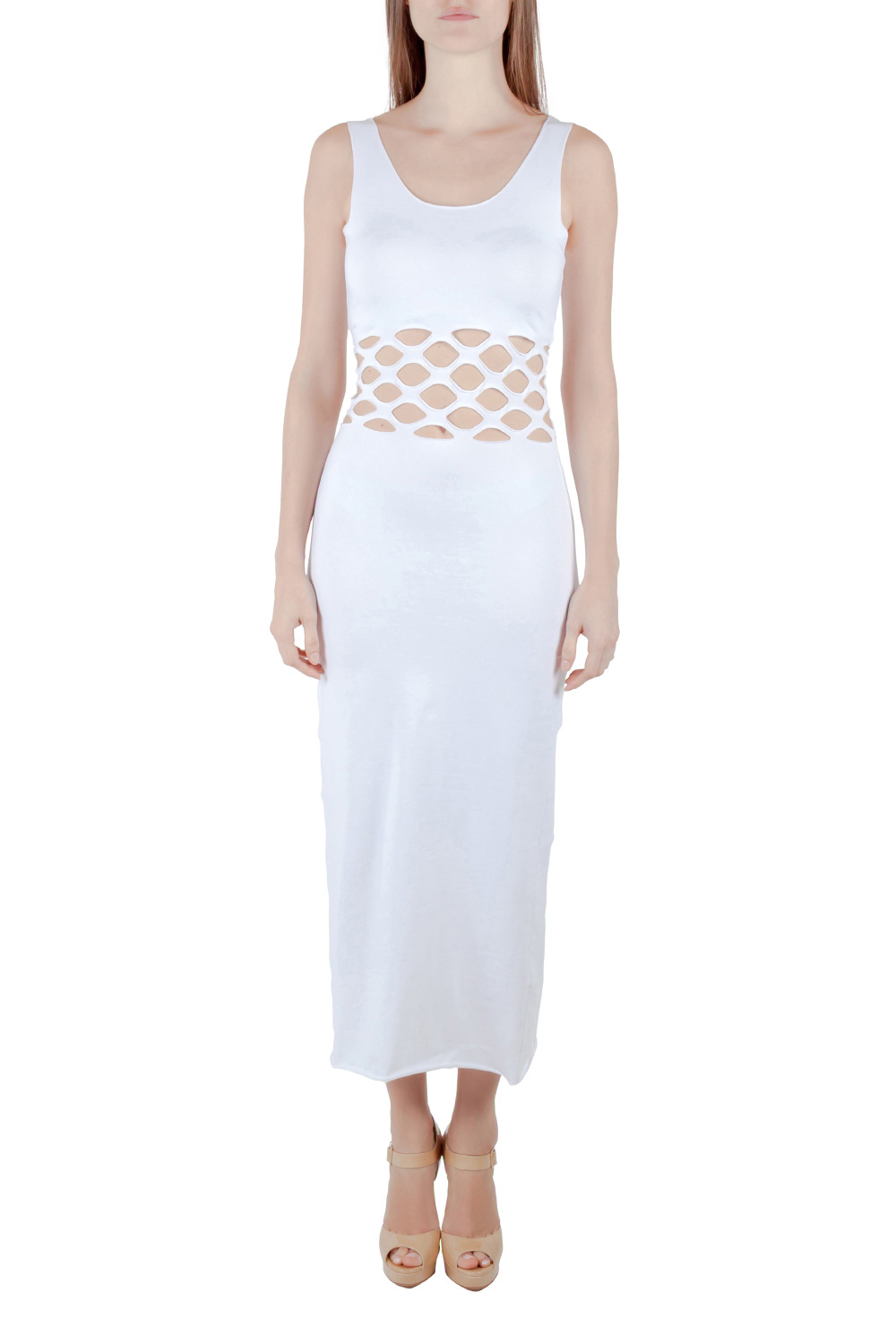 Image of Jean Paul Gaultier Soleil White Cotton Jersey Distressed Waist Bodycon Dress S
