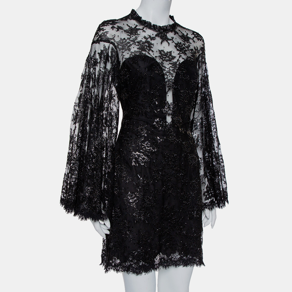 

Jenny Packham Black Embellished Metallic Lace Bell Sleeve Detail Mini Dress