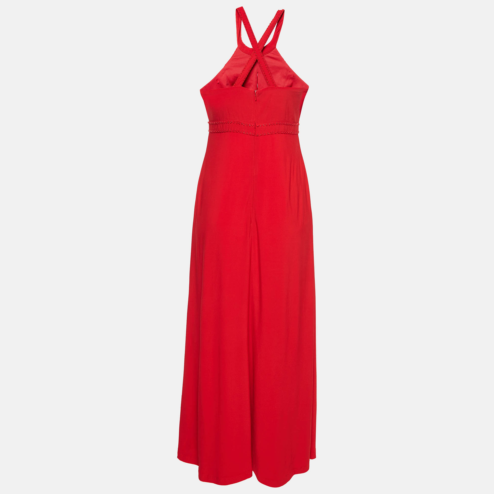 Jenny Packham Red Beaded Jersey Halter Neck Maxi Dress L