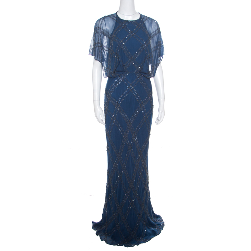Jenny Packham Blue Embellished Silk Cutout Back Detail Blouson Gown M