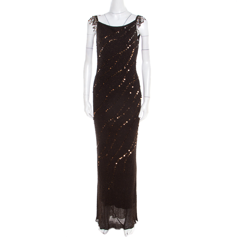 Jenny Packham Brown Beaded Tassel Detail Sleeveless Gown and Scarf Set M