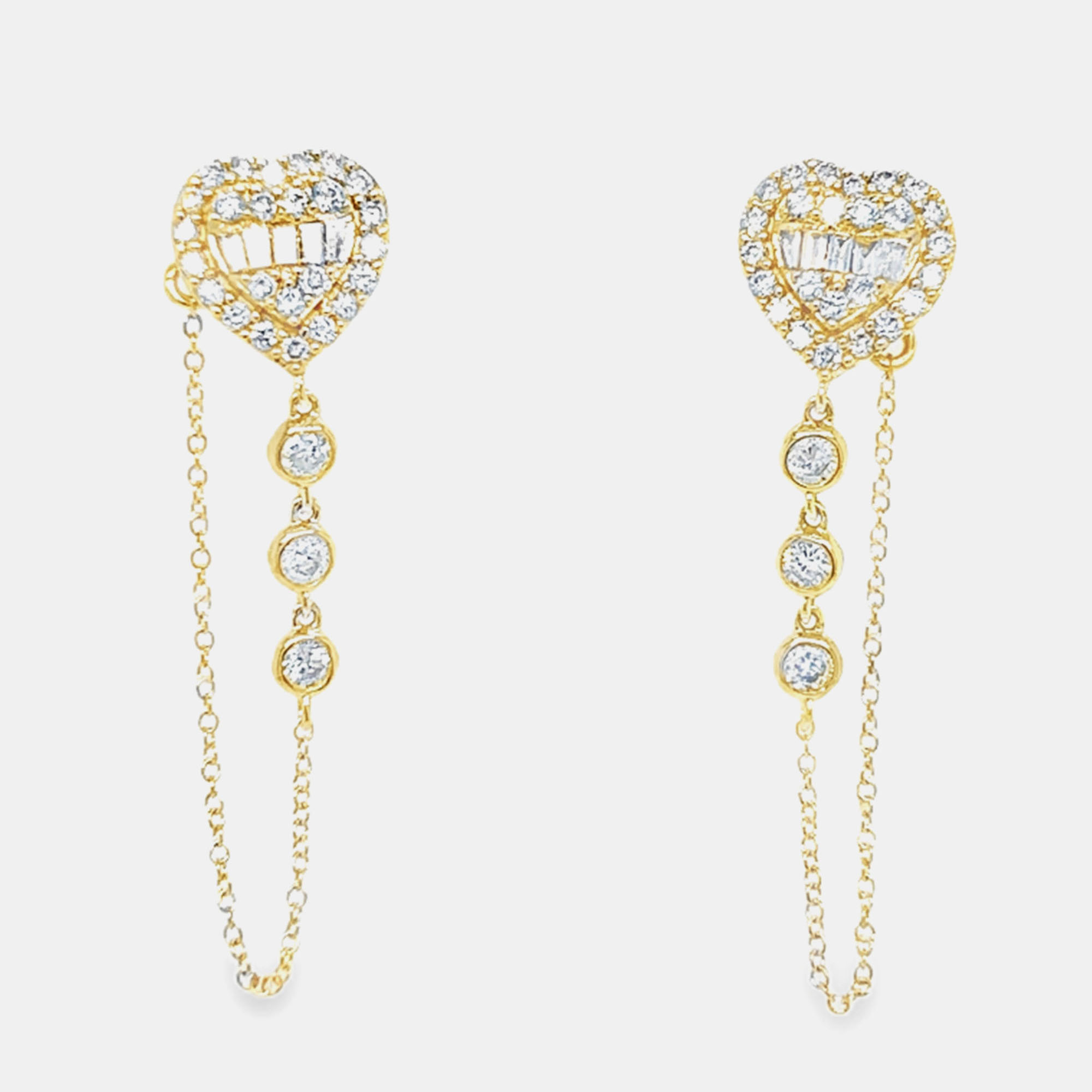 14K Yellow Gold Diamond Baguette Heart & Bezel Drop Earrings (0.75ctw)