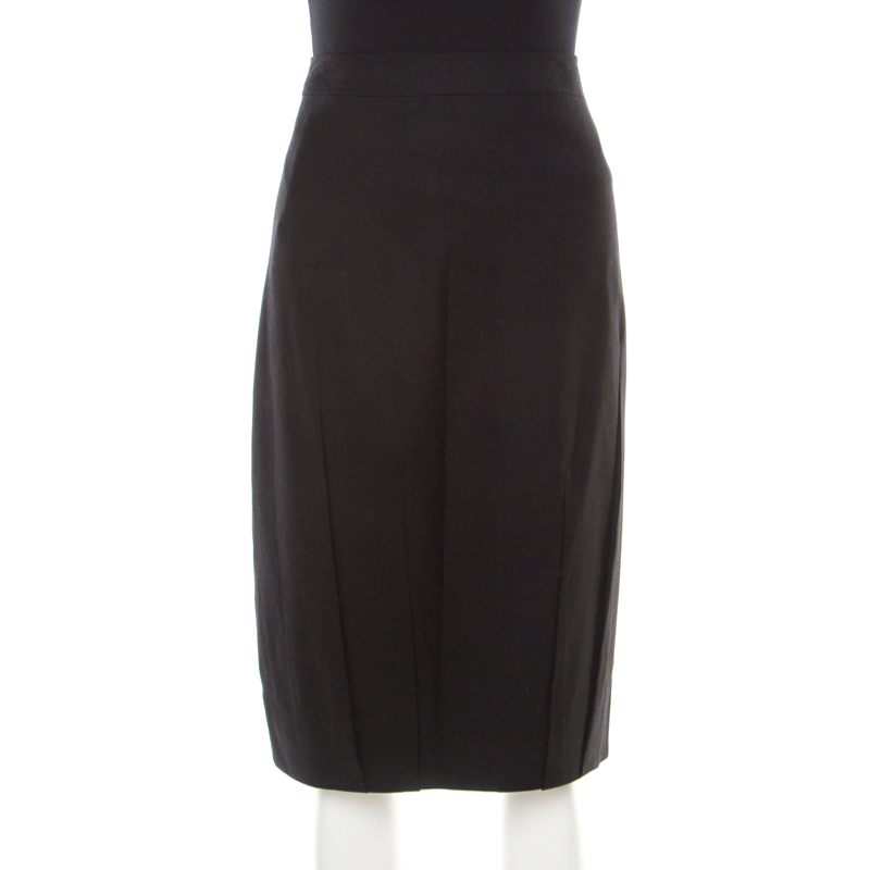 Image of Jil Sander Black Wool Pleat Detail Pencil Skirt L