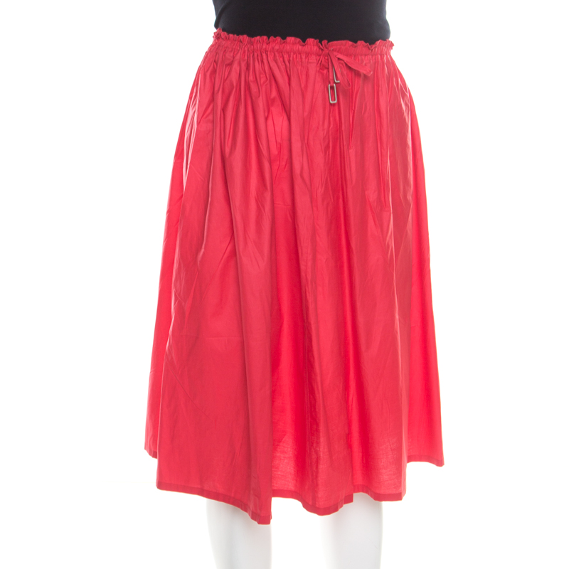 Jil Sander Red Lightweight Cotton Drawstring Waist Gathered Skirt M