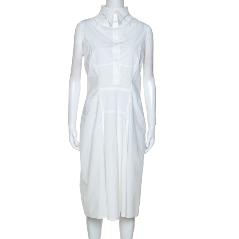 Image of Jil Sander White Stretch Cotton Sleeveless Midi Dress L