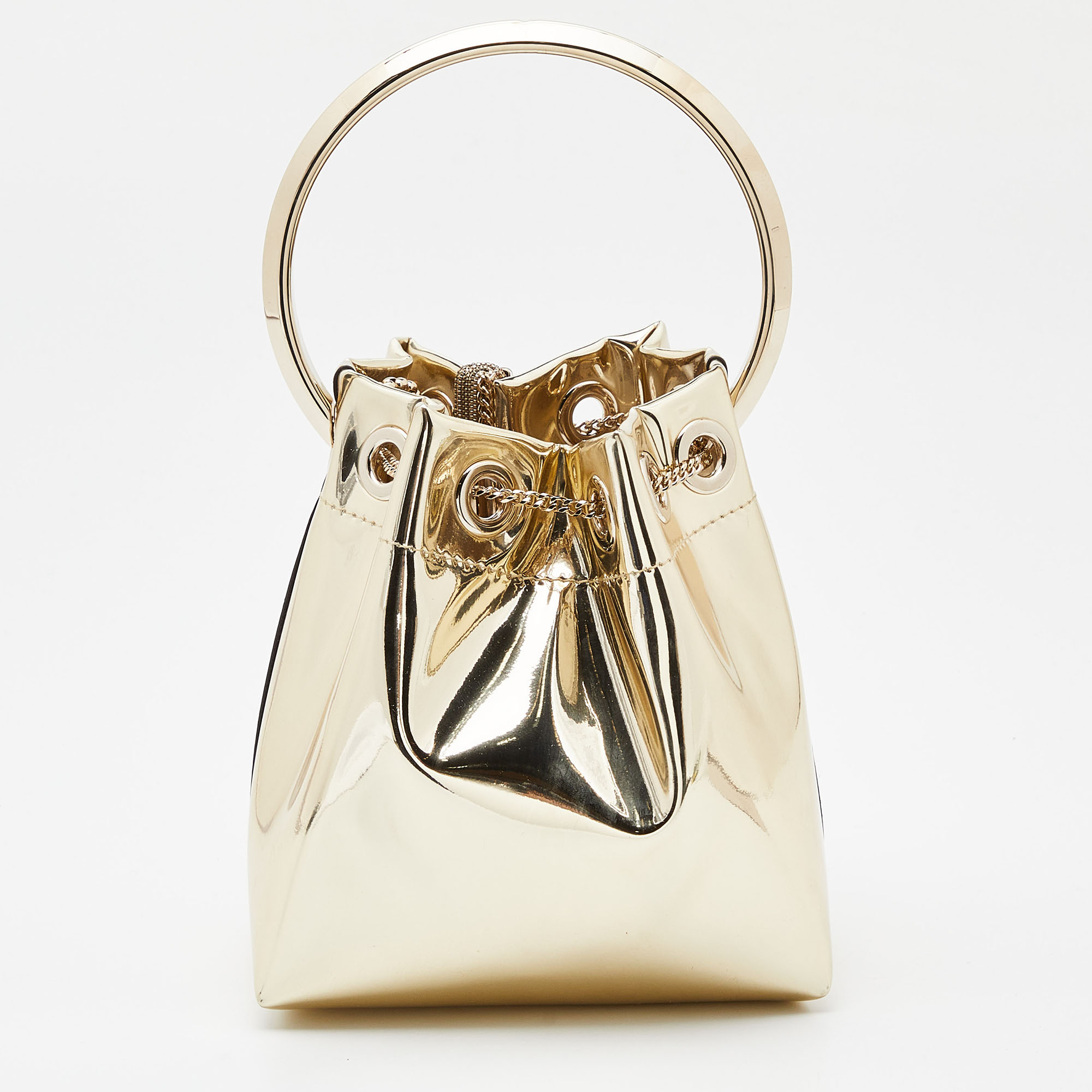 Jimmy Choo Gold Laminated Leather Bon Bon Crystal Embellished Bucket Bag