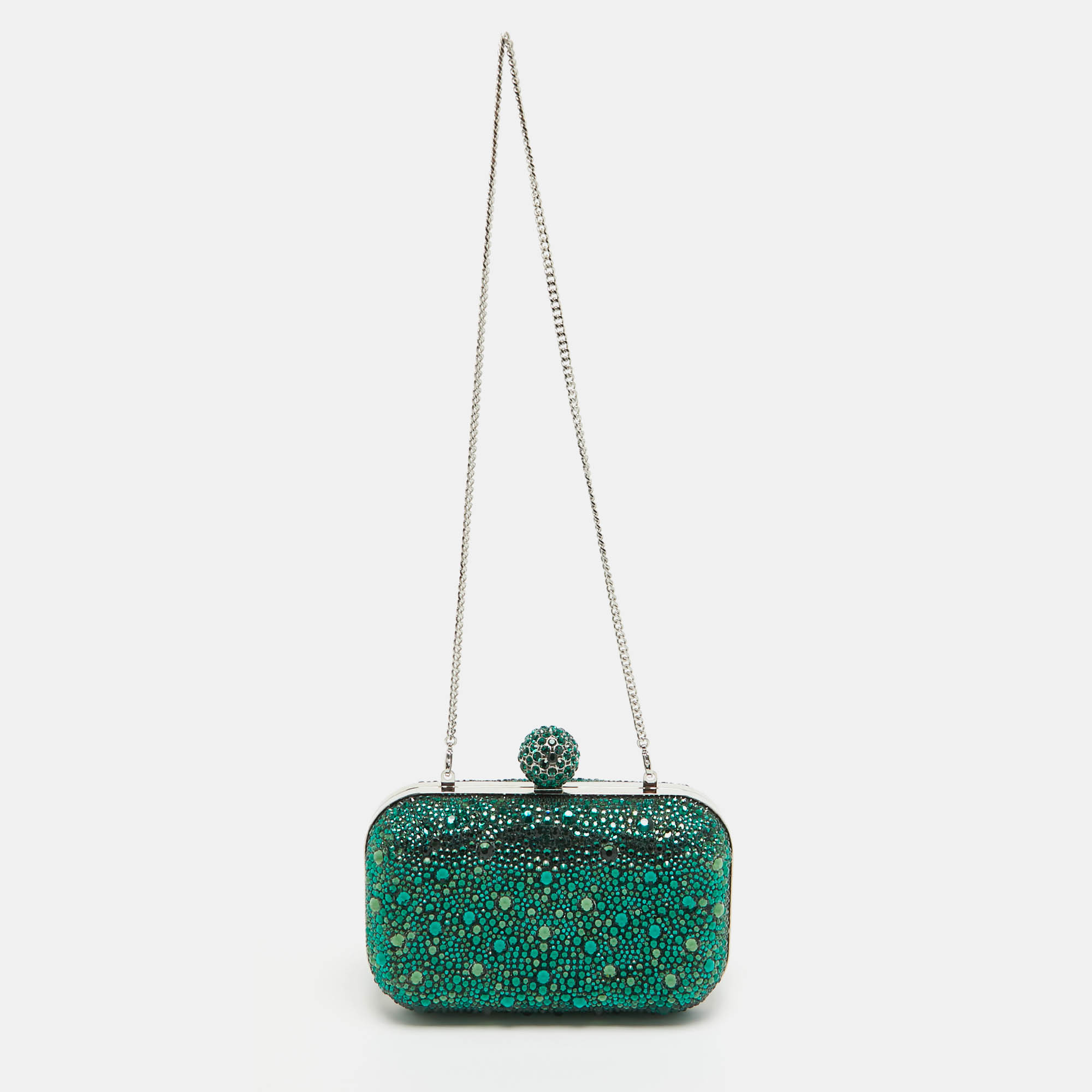 Jimmy choo emerald suede crystal embellished cloud chain clutch