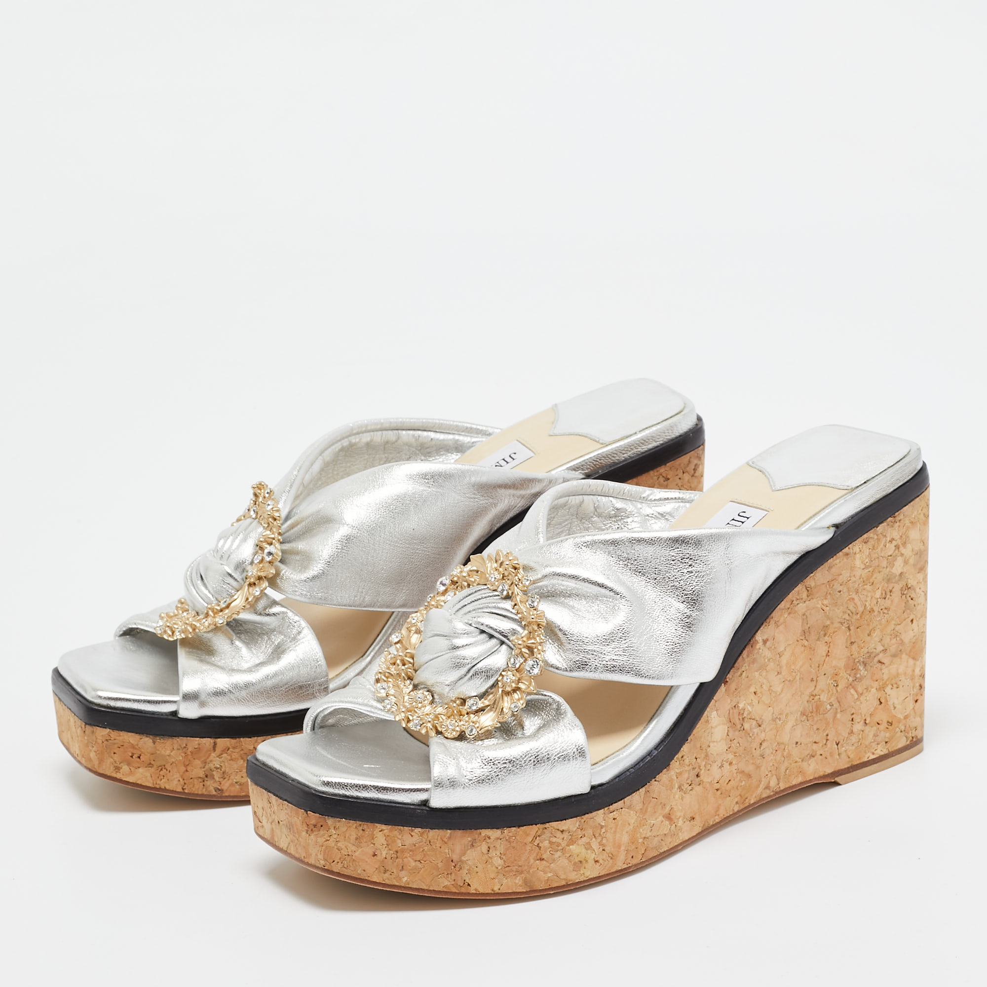 Jimmy Choo Silver Leather Nevara Wedge Sandals Size 36.5