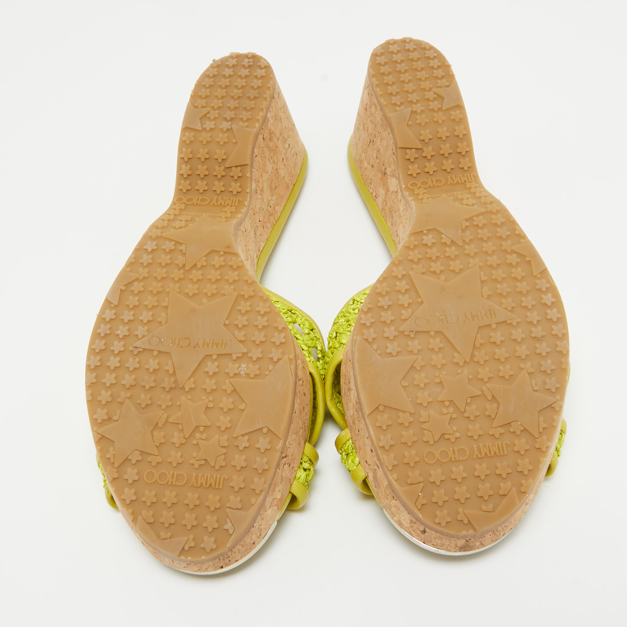 Jimmy Choo Green Leather And Raffia Panna Cork Slides Size 39