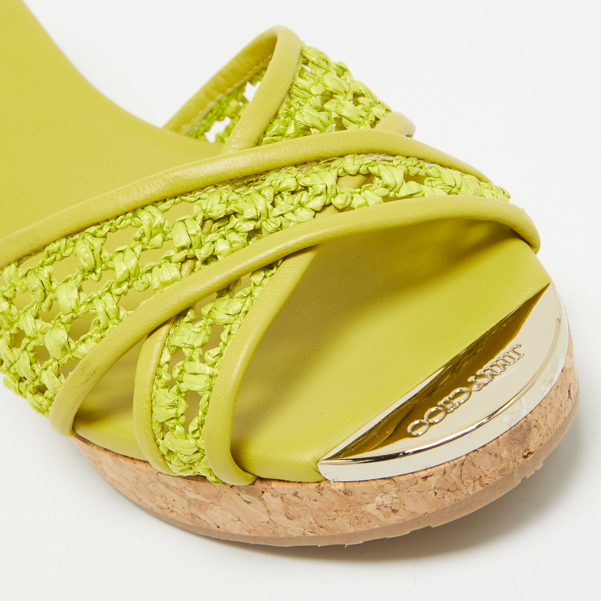 Jimmy Choo Green Leather And Raffia Panna Cork Slides Size 39