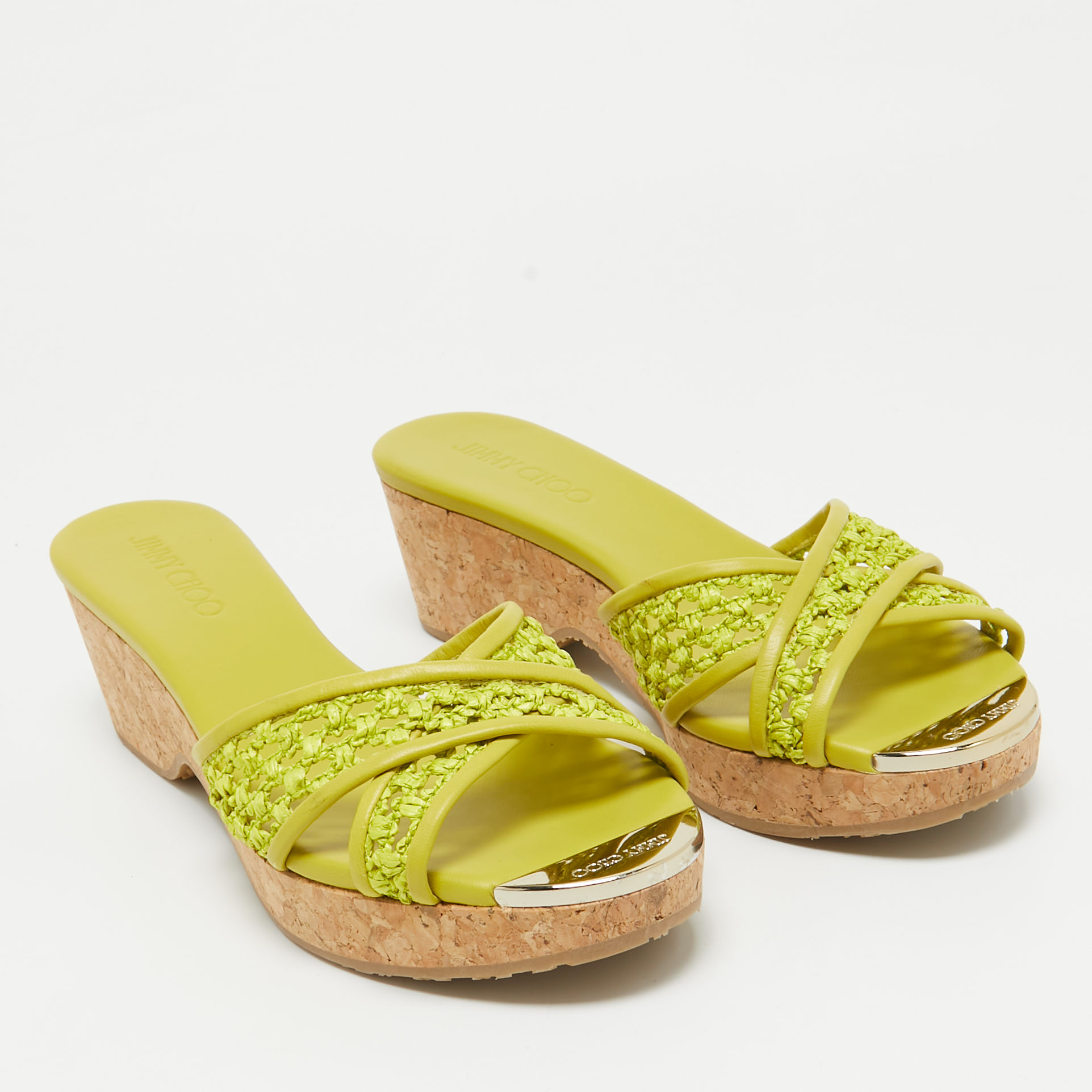 Jimmy Choo Green Leather And Raffia Panna Cork Slides Size 39