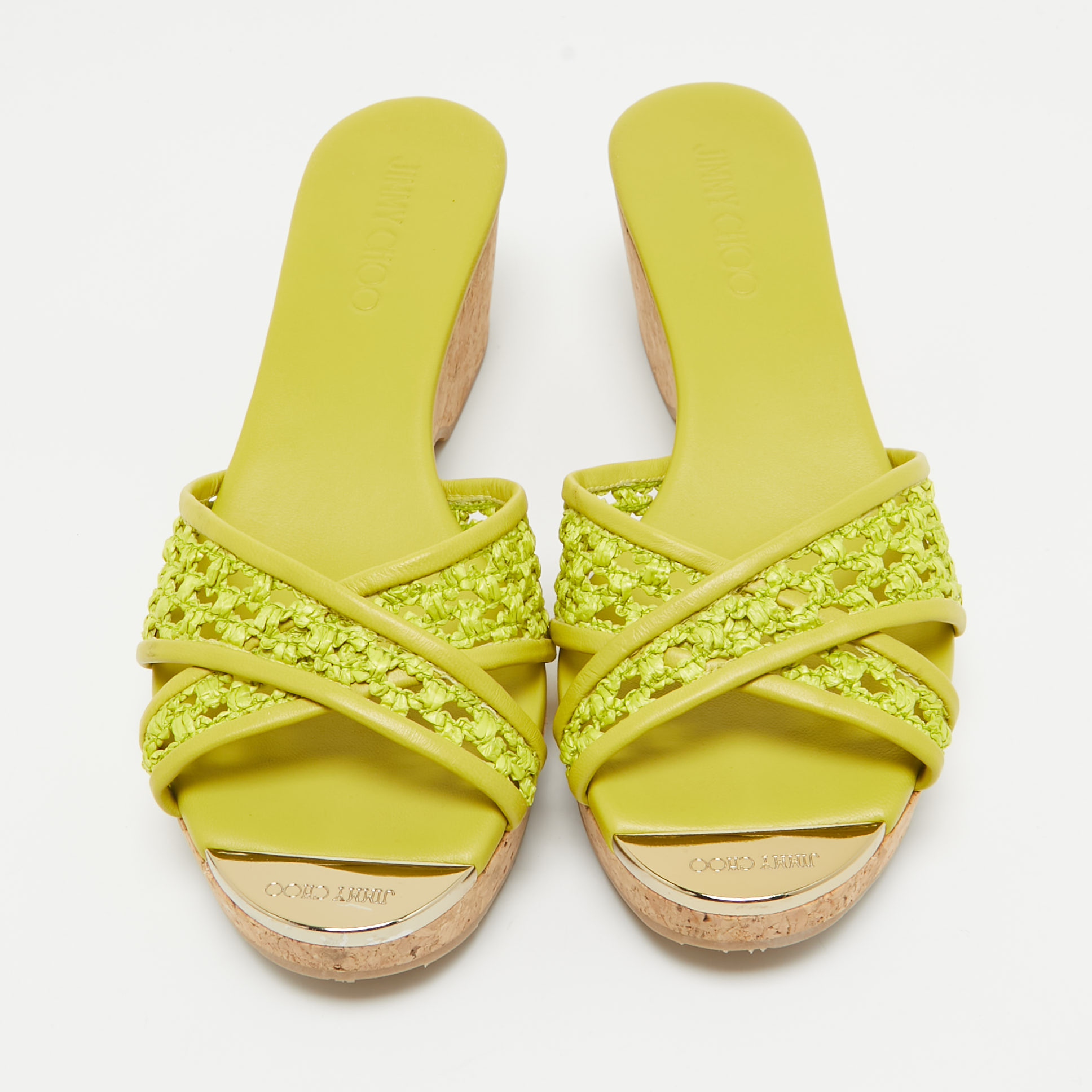 Jimmy Choo Green Leather And Raffia Panna Cork Slides Size 39