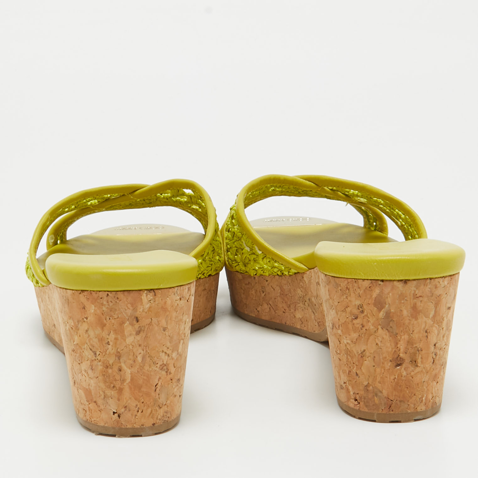 Jimmy Choo Green Leather And Raffia Panna Cork Slides Size 39