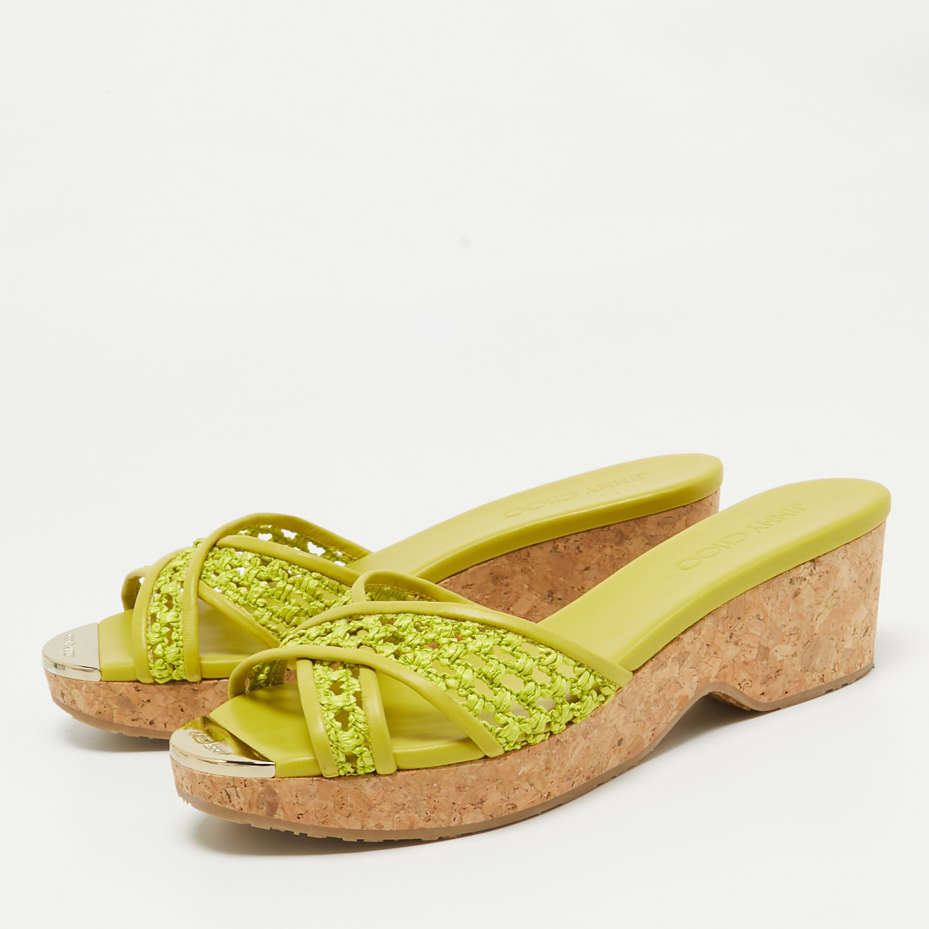 Jimmy Choo Green Leather And Raffia Panna Cork Slides Size 39