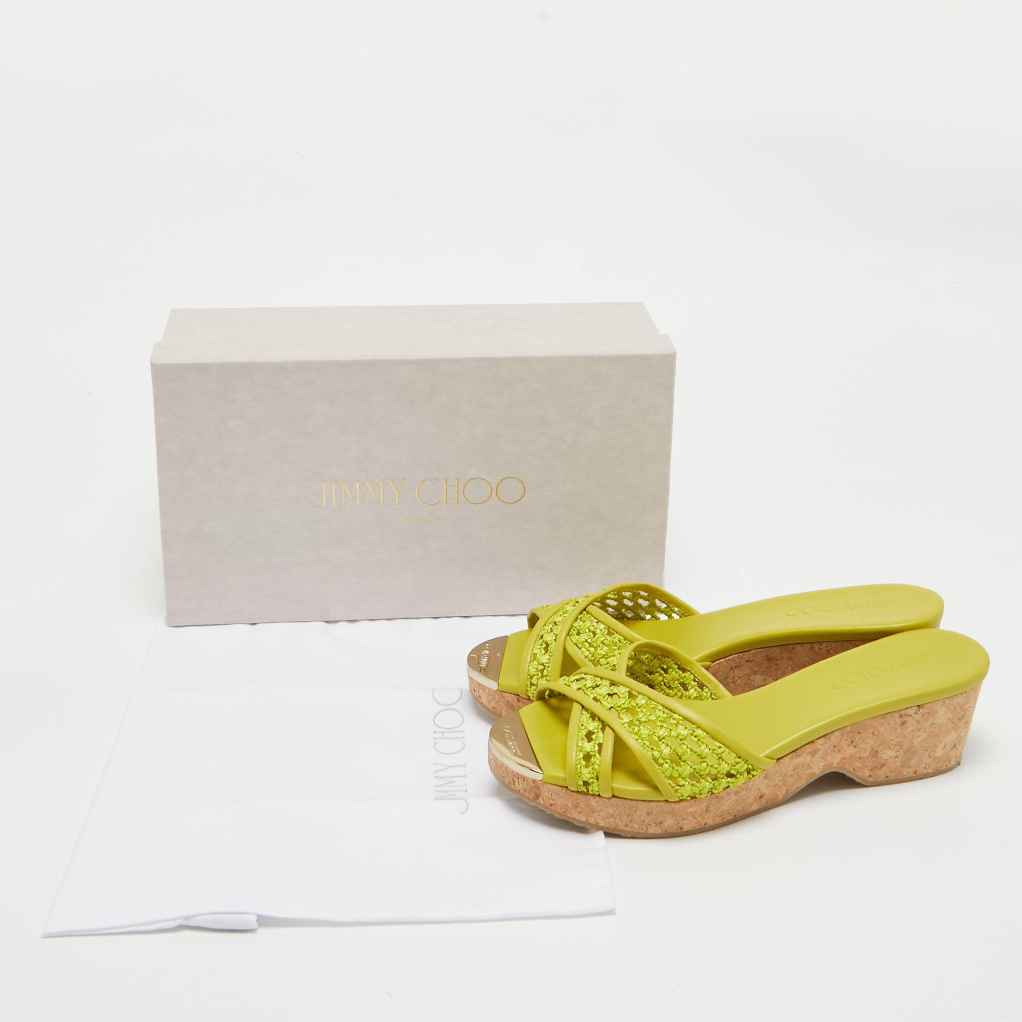 Jimmy Choo Green Leather And Raffia Panna Cork Slides Size 39