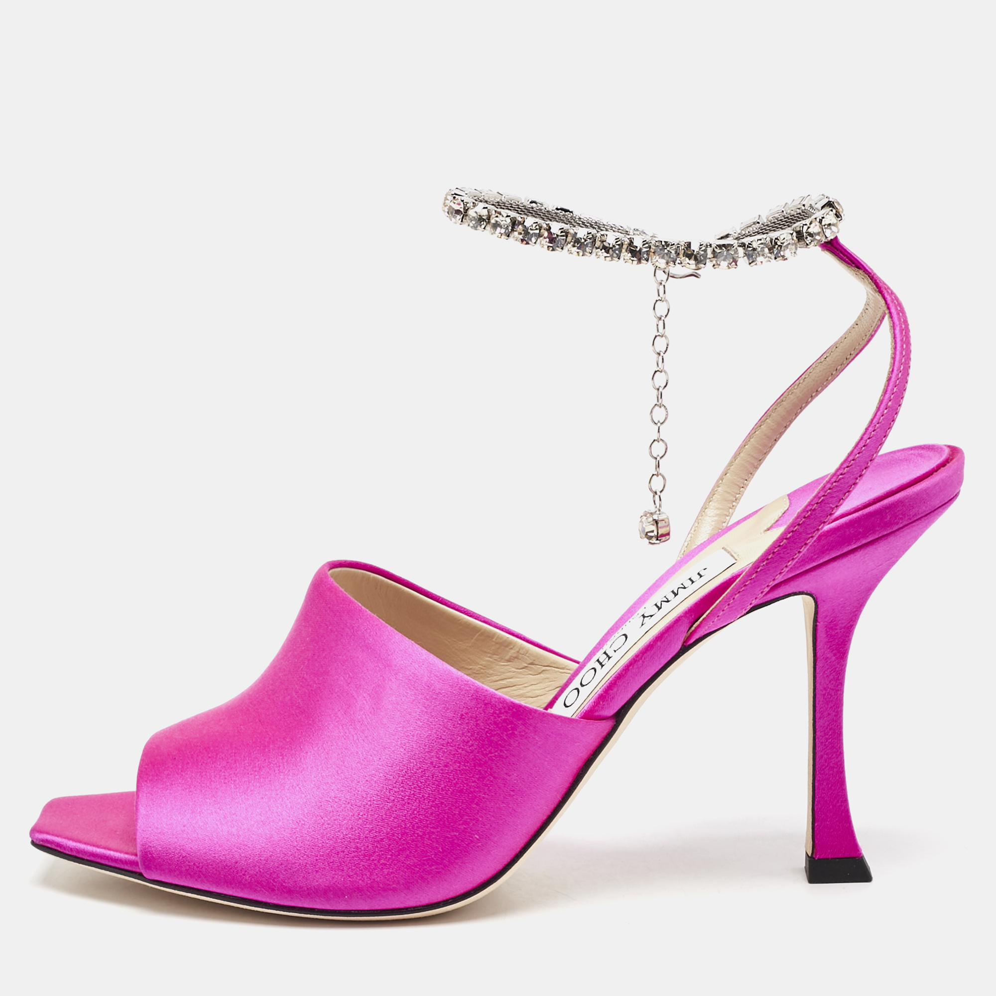 Jimmy Choo Pink Satin Crystal Embellished Ankle Strap Sandals Size 39