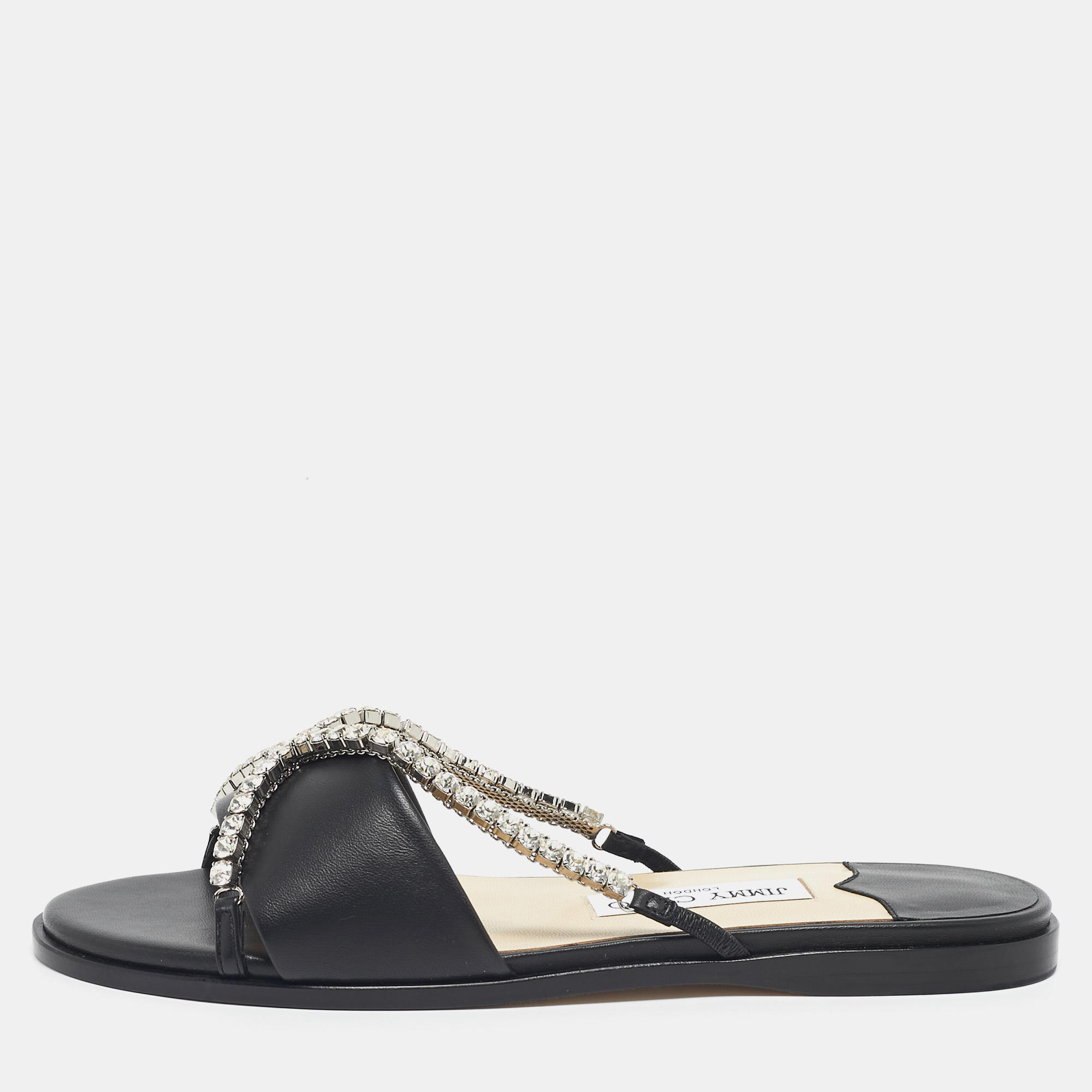Jimmy Choo Black Leather Aadi Flat Slides Size 39 - Jimmy Choo - Modalova