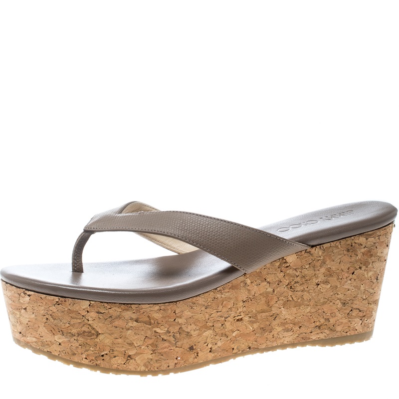 Image of Jimmy Choo Beige Embossed Leather Paque Cork Platform Sandals Size