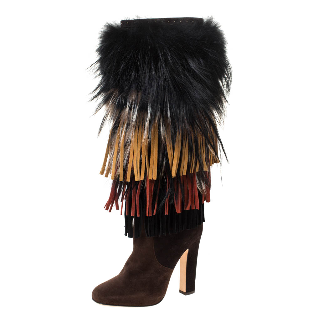 Image of Jimmy Choo Brown Suede And Fox Fur Trimmed Dalia Knee High Boots Size .