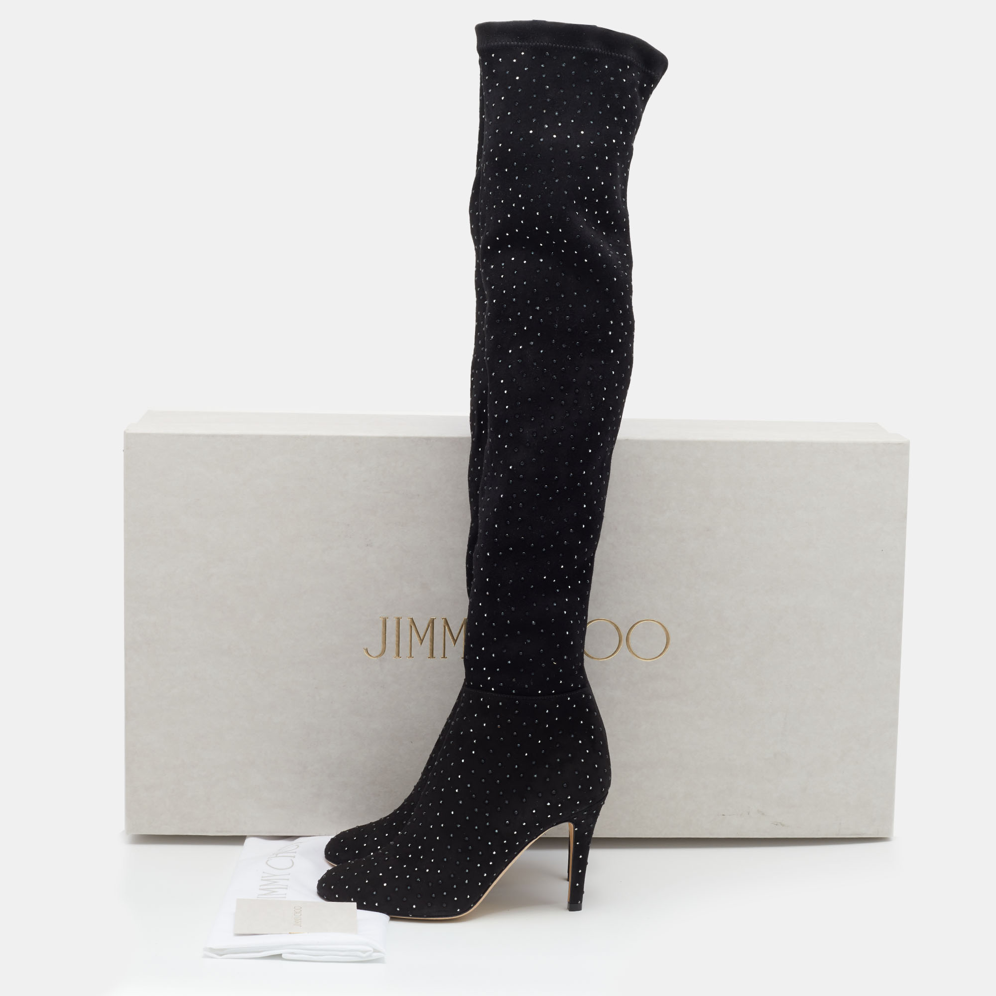 Jimmy Choo Black Stretch Fabric Crystal Embellished Thigh High Boots Size 36.5