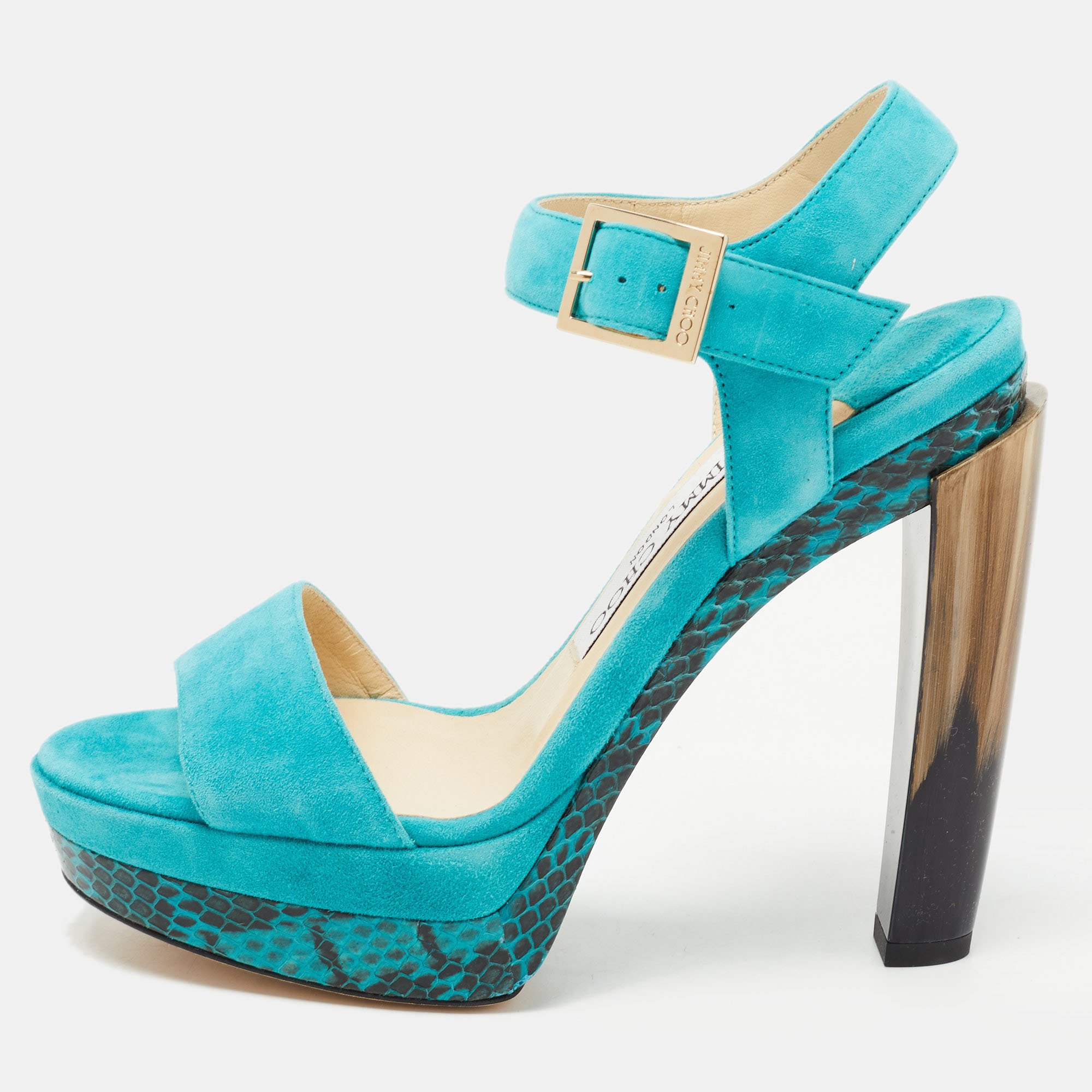 Jimmy choo turquoise blue suede and python leather dora platform ankle strap sandals size 36