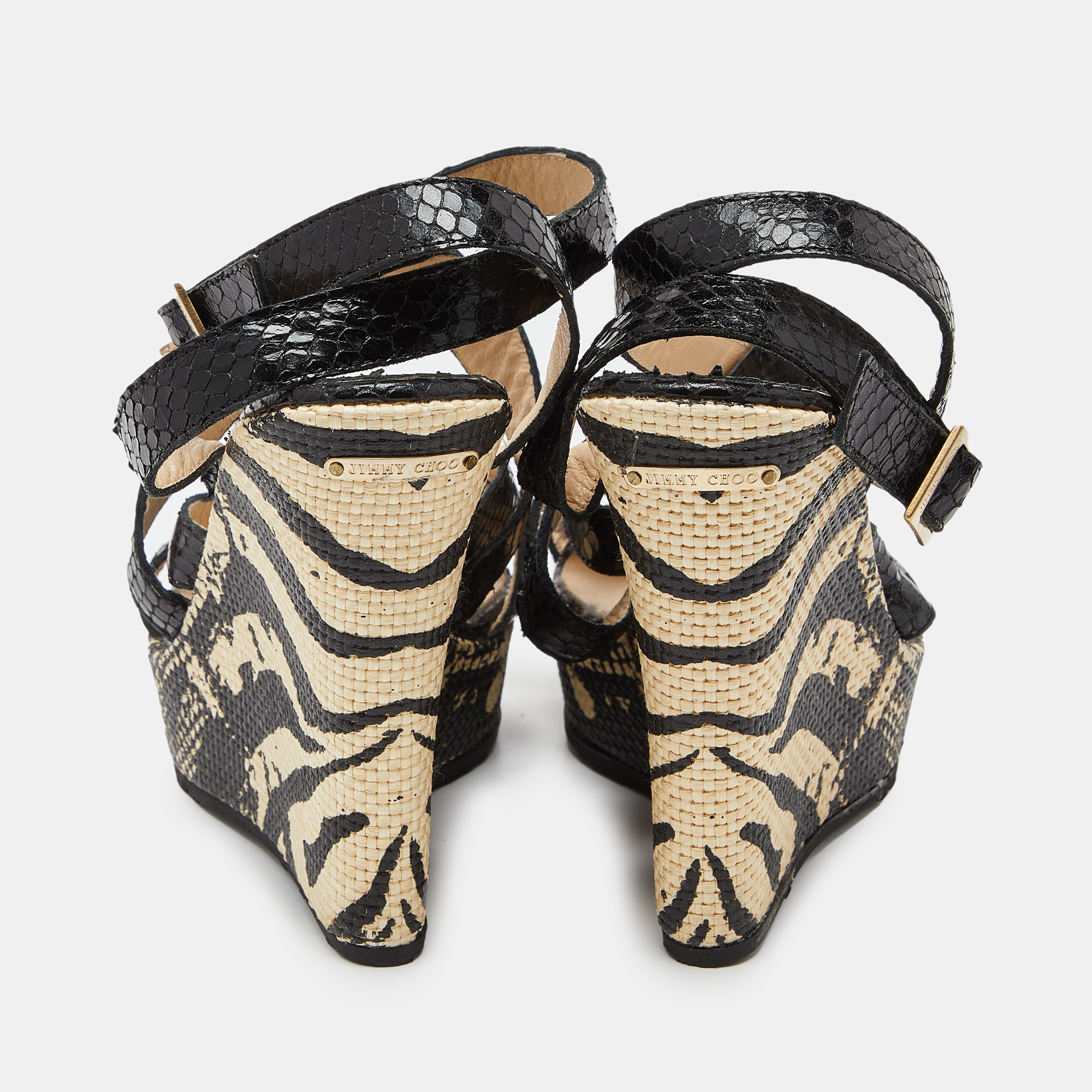 Jimmy Choo Black Snakeskin Platform Wedge Sandals Size 38