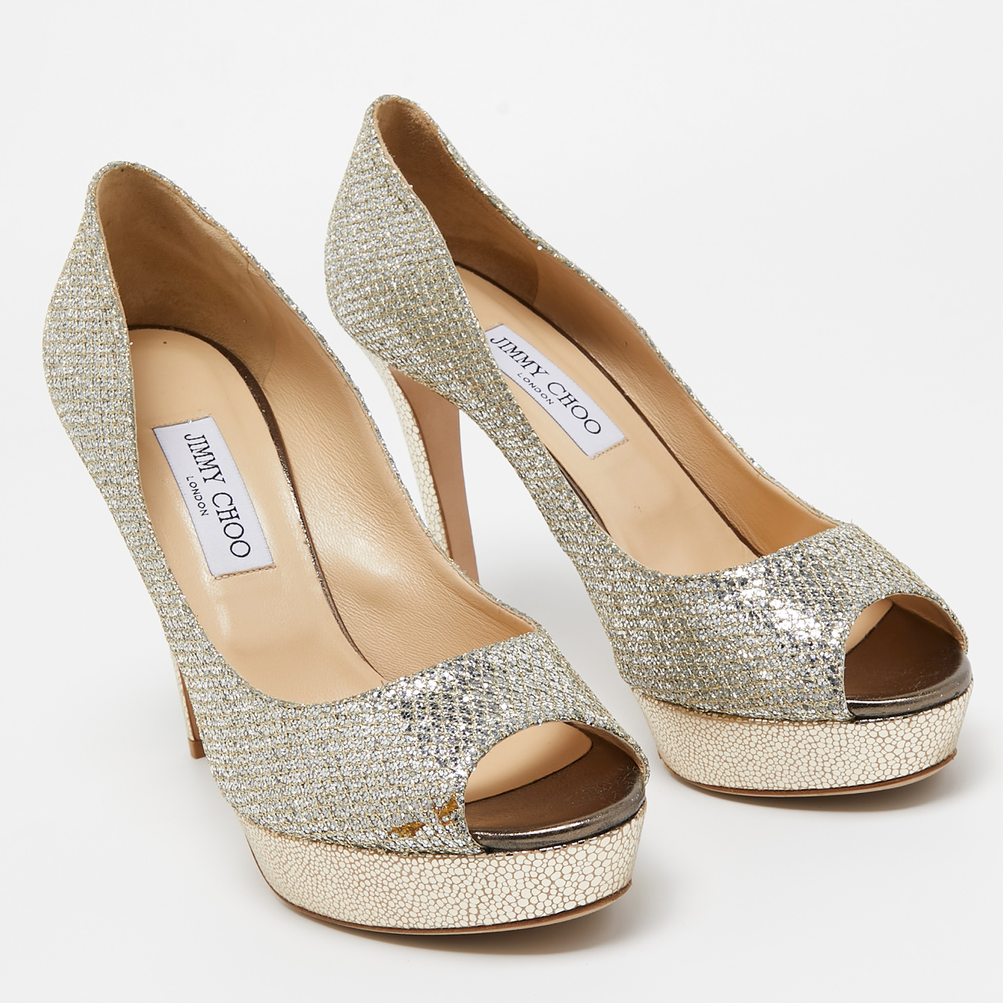 Jimmy Choo Gold/Silver Glitter And Leather Dahlia Peep Toe Pumps Size 41.5
