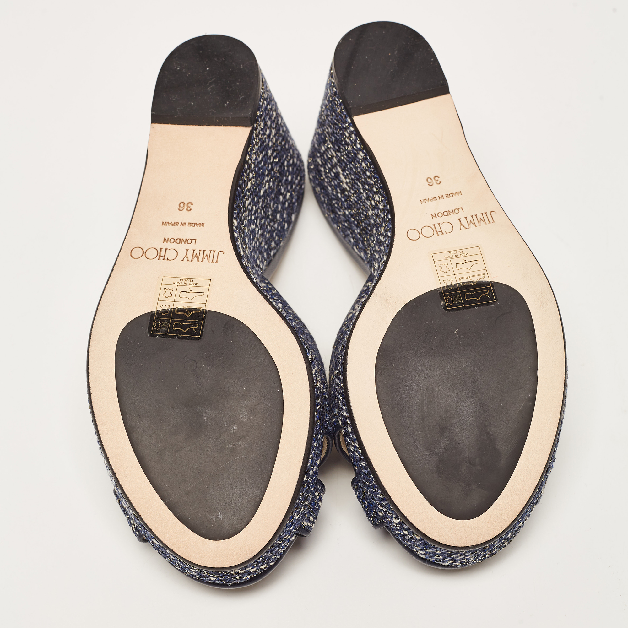 Jimmy Choo Navy Blue Tweed Almer Wedge Sandals Size 36