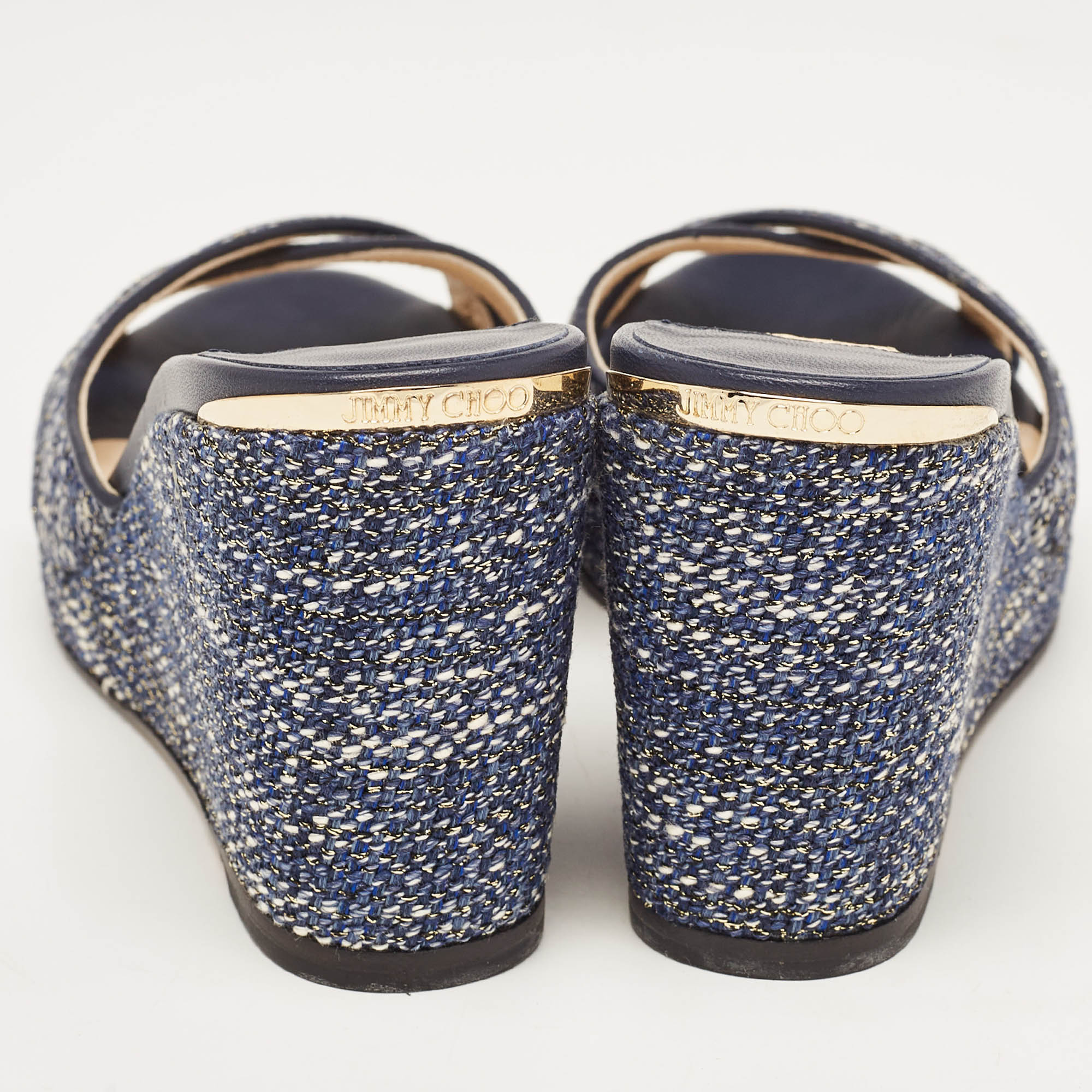 Jimmy Choo Navy Blue Tweed Almer Wedge Sandals Size 36