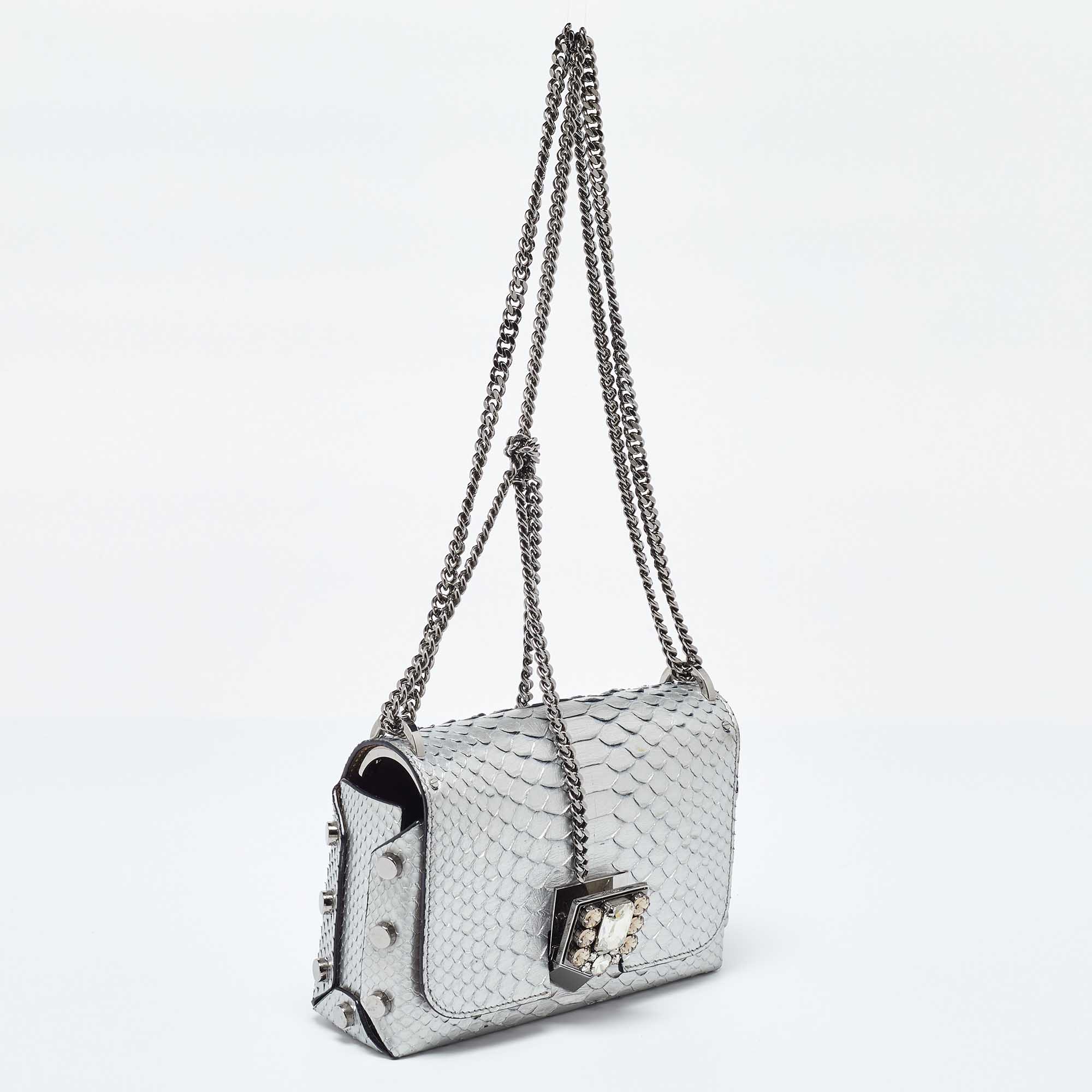 Jimmy Choo Silver Snakeskin Lockett City Shoulder Bag